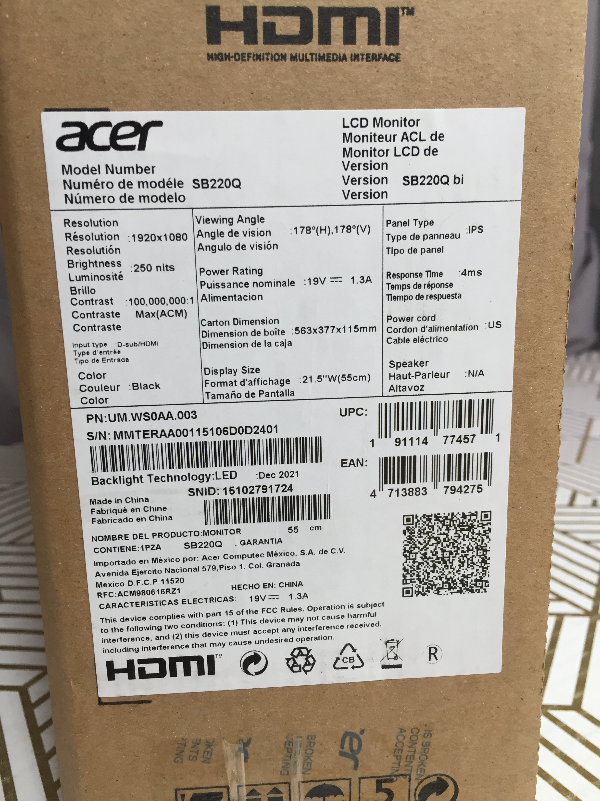 Acer 21.5 Inch Full HD 1920x1080 IPS Ultra-Thin Zero Frame Computer Monitor *NEW (8066863333614)