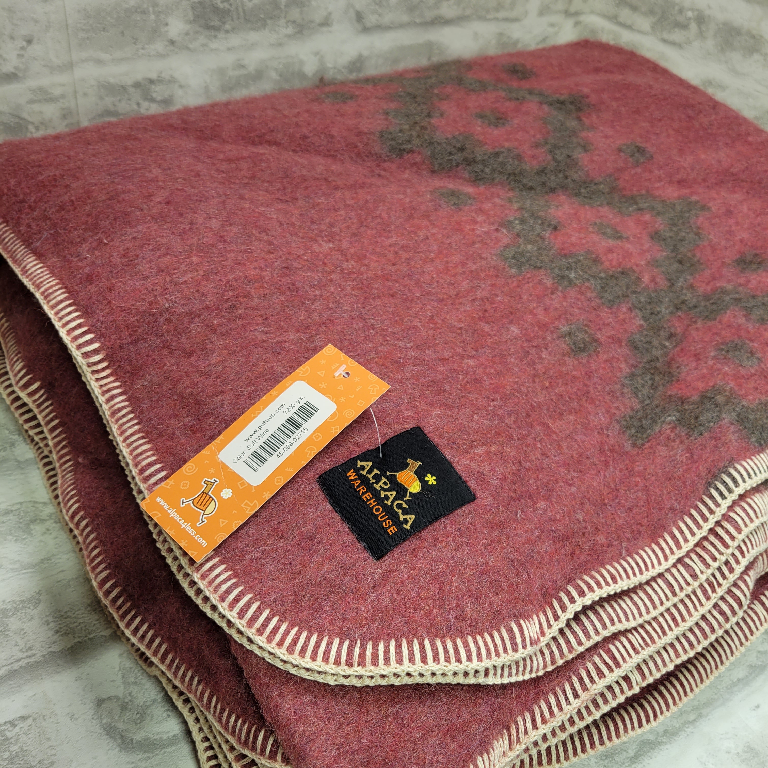 Thick Alpaca Wool Blanket Heavyweight, Ethnic Design, King, Soft Wine (7731226247406)