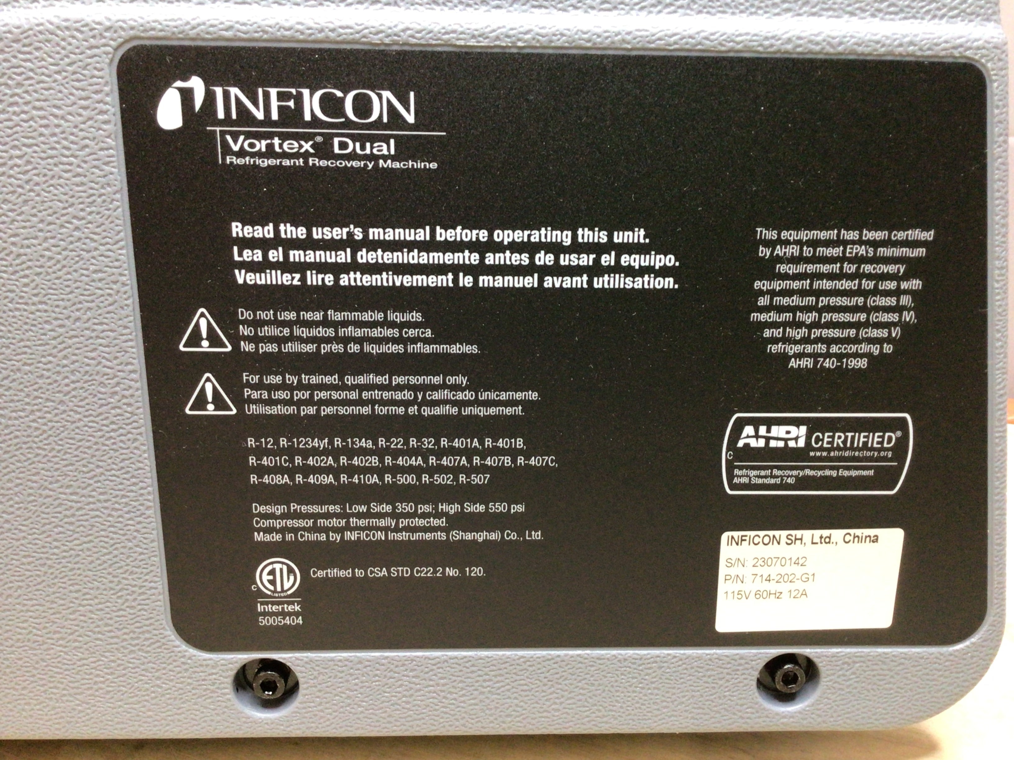 Inficon 714-202-G1 Vortex Dual, Refrigerant Recovery Machine 714202G1 (8120618615022)