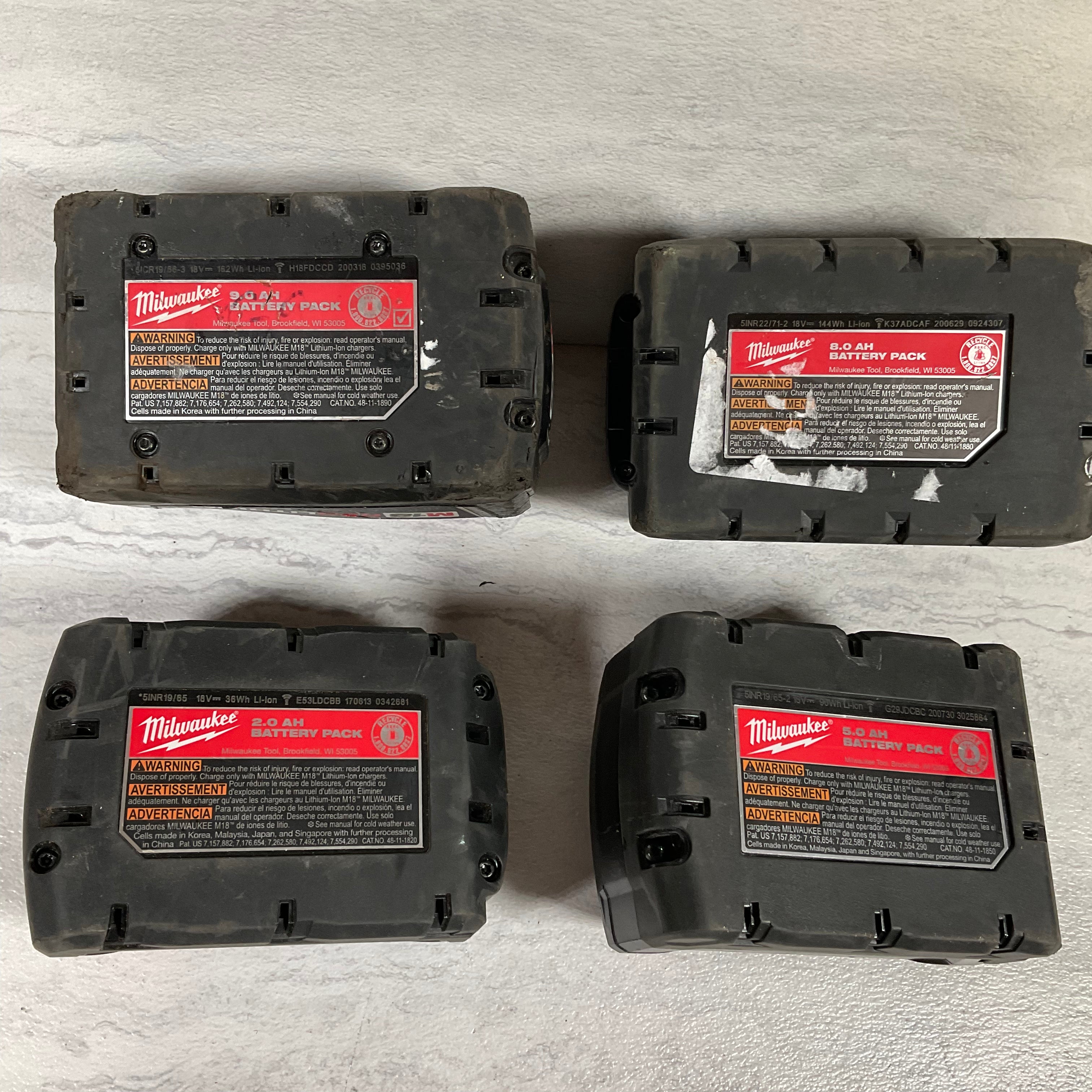 (4) FOR PARTS, MILWAUKEE M18 batteries, 2.0, XC5.0, XC8.0, HD9.0 (7198002315502)