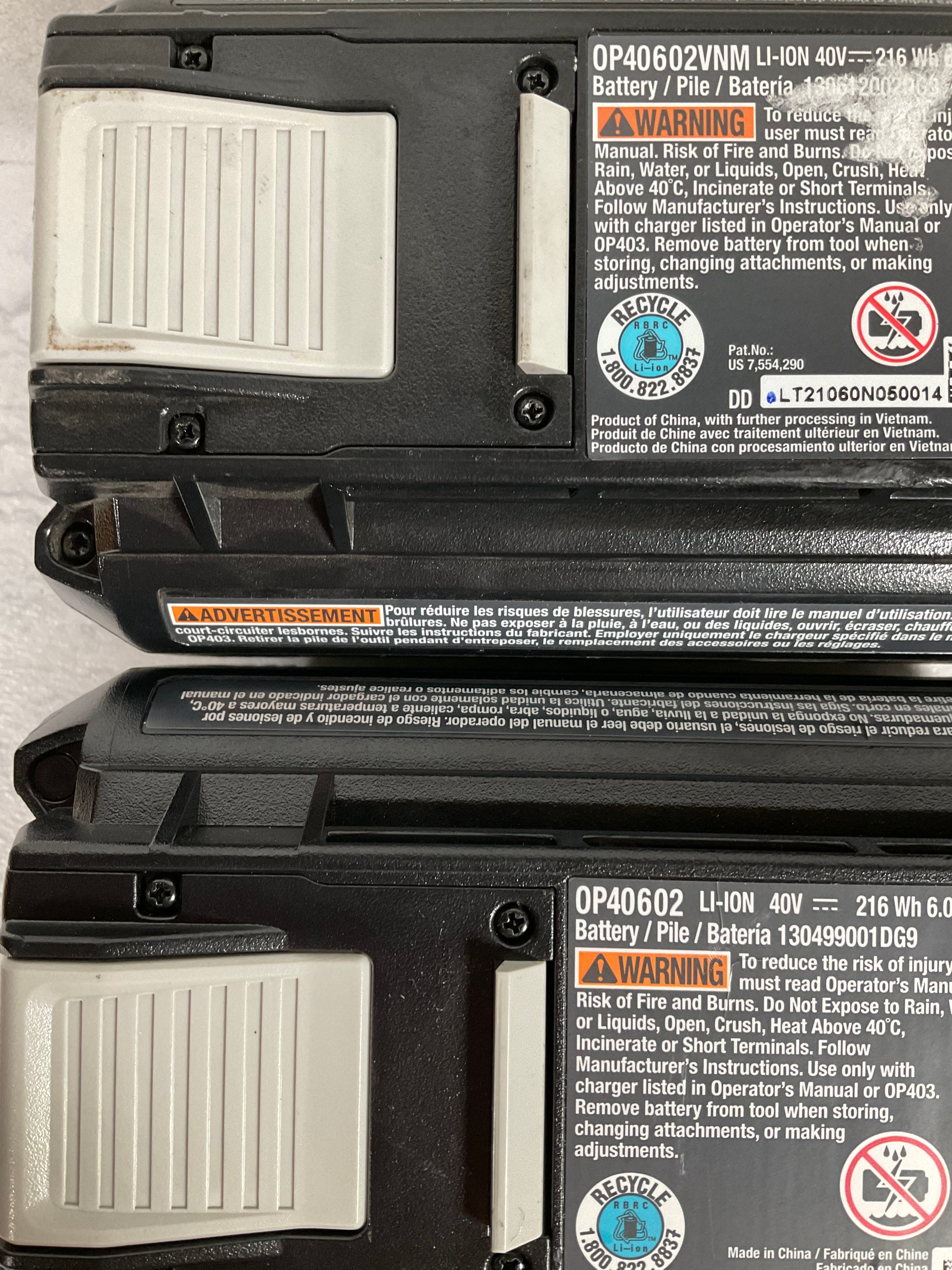 (2) Not Working Ryobi 0P40602 40v 6Ah Lithium Batteries, FOR PARTS (7197972398318)