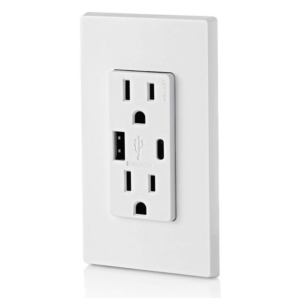 Leviton T5633-W 15-Amp Type A & Type-C USB Charger/Tamper Resistant Outlet, Not for Laptops, White (7820392530158)