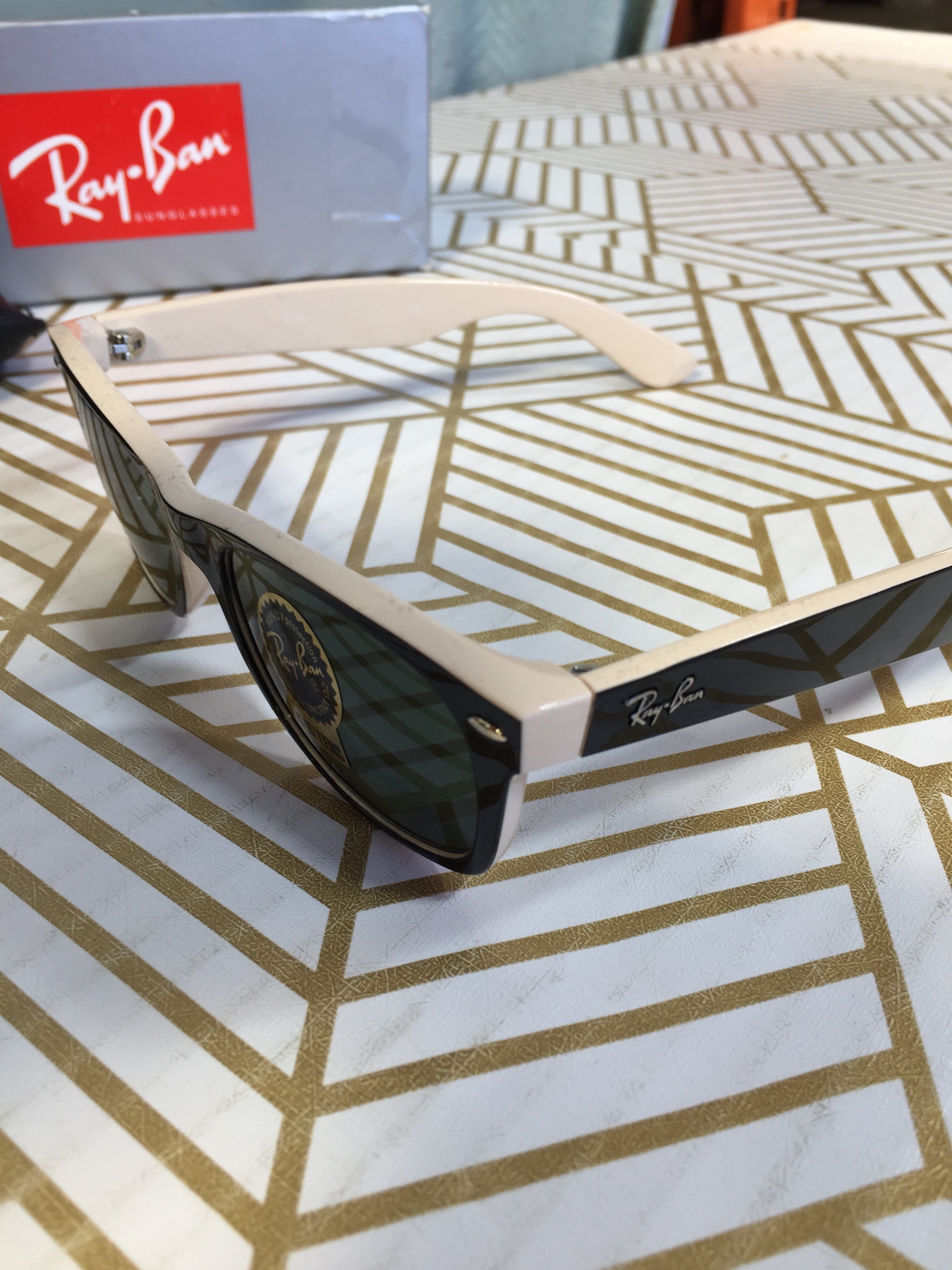 Ray-Ban RB2132 New Wayfarer Square Sunglasses Black on Beige/G-15 Green (7753156460782)