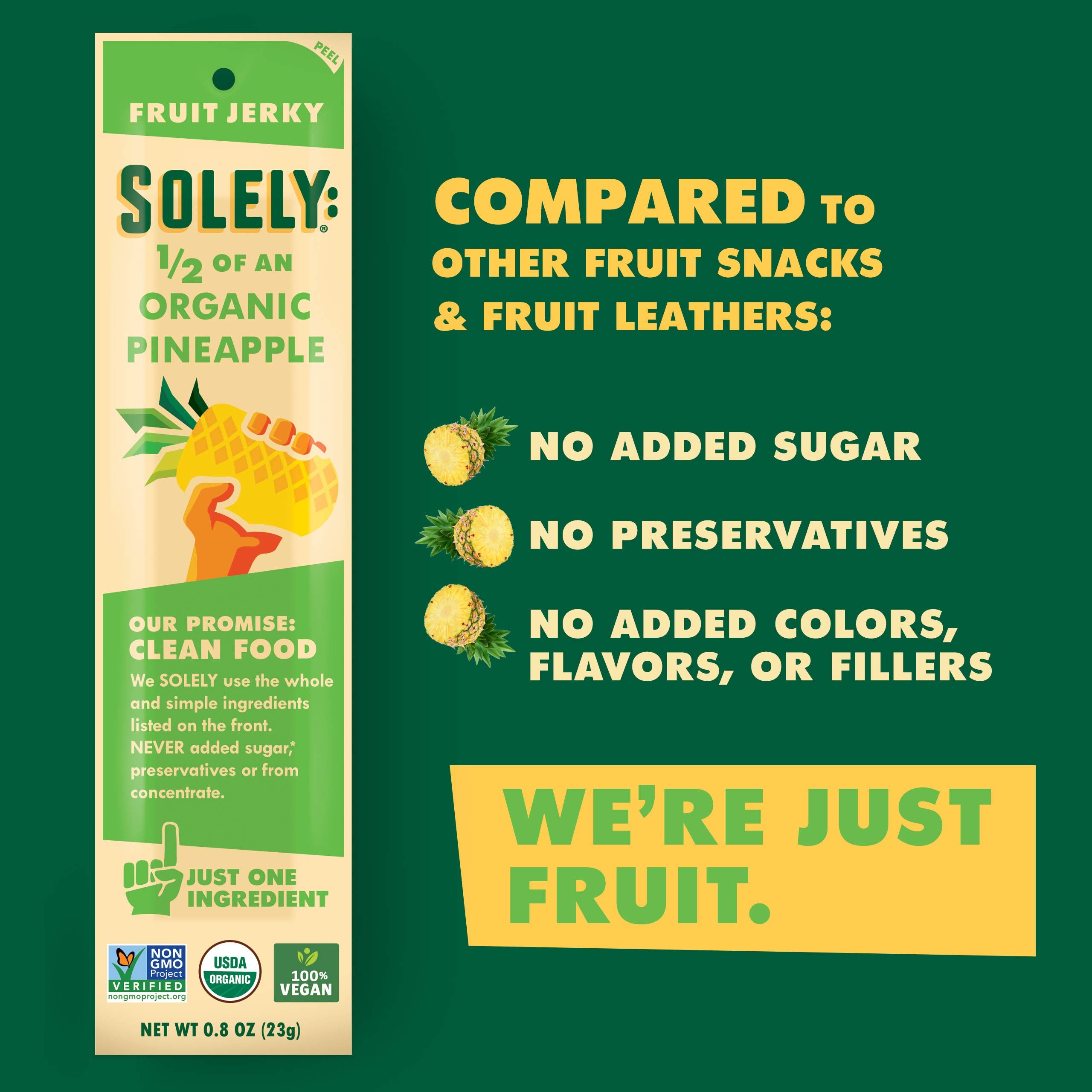 SOLELY Organic Pineapple Fruit Jerky, 12 Strips | One Ingredient | Vegan | Non-GMO | Gluten-Free | No Sugar Added (7743805554926)