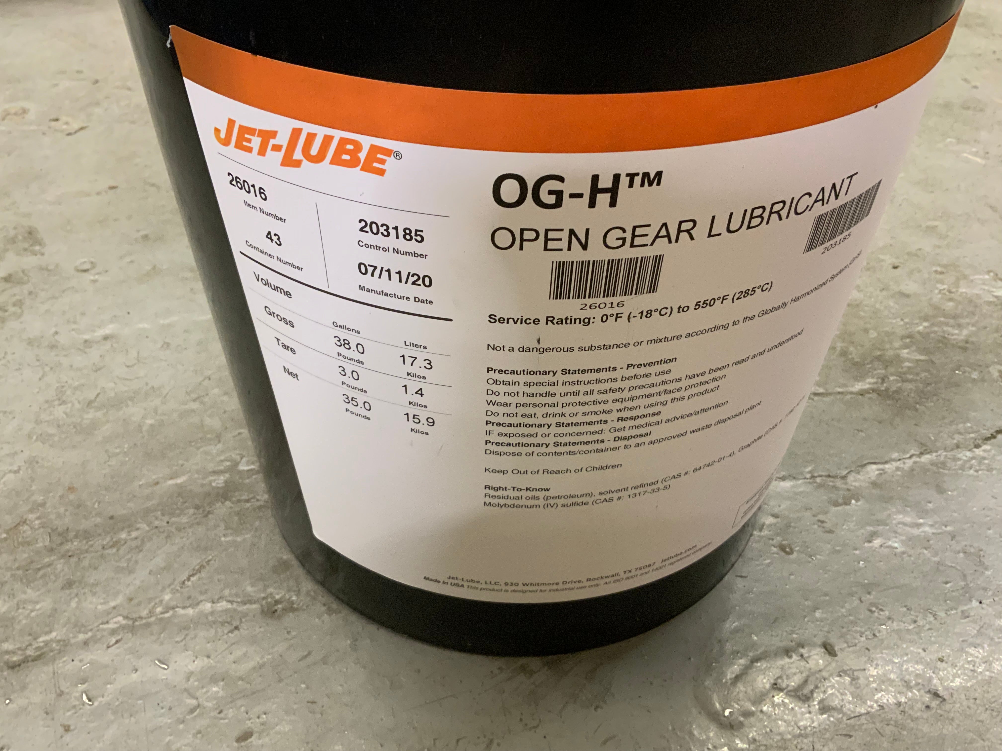 JET-LUBE Gear Lubricant: OG-H, 5 gal, Pail, NLGI Grade 3 (8171115643118)