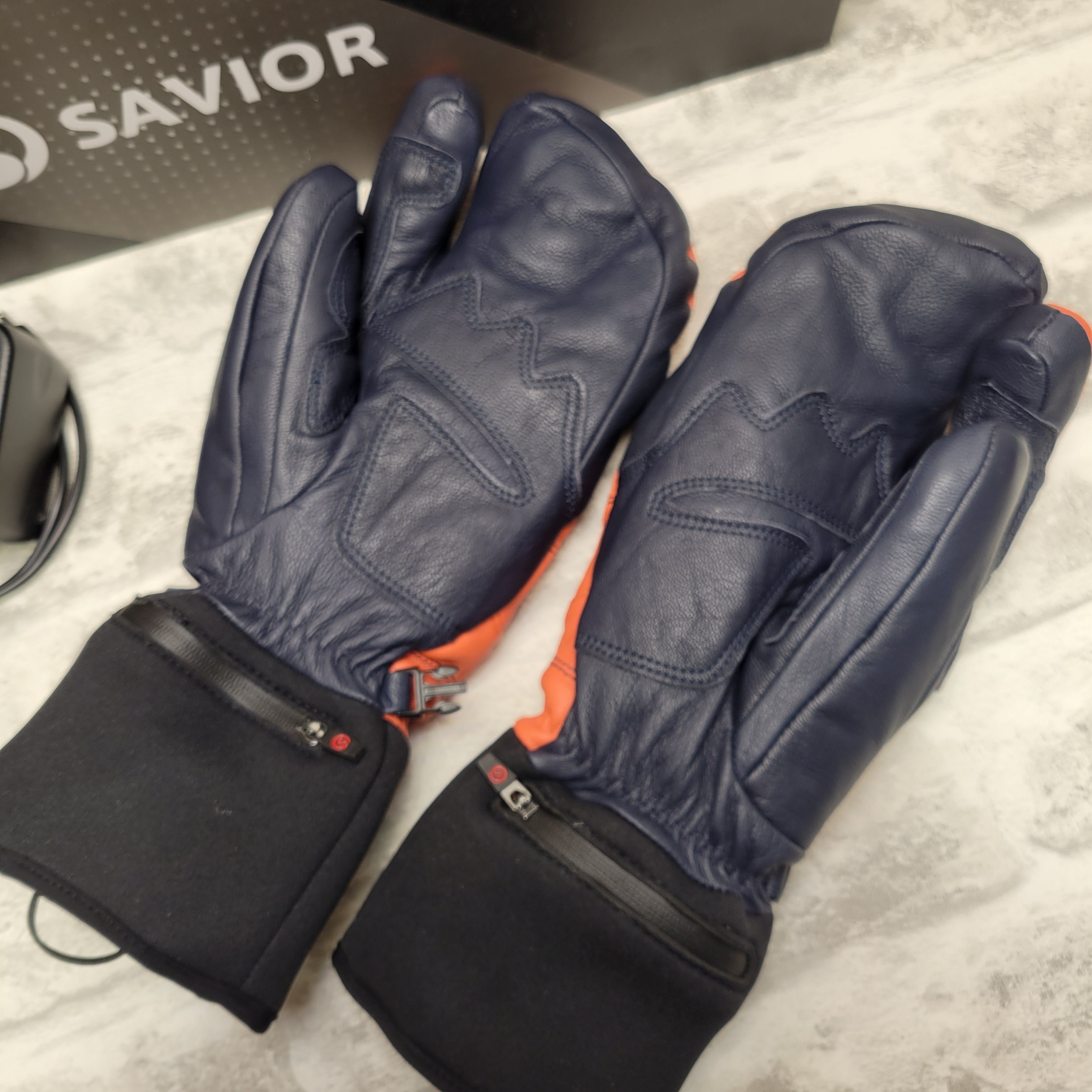 SAVIOR HEAT Heated Ski Mittens Leather Thick Gloves, Orange/Navy, Large