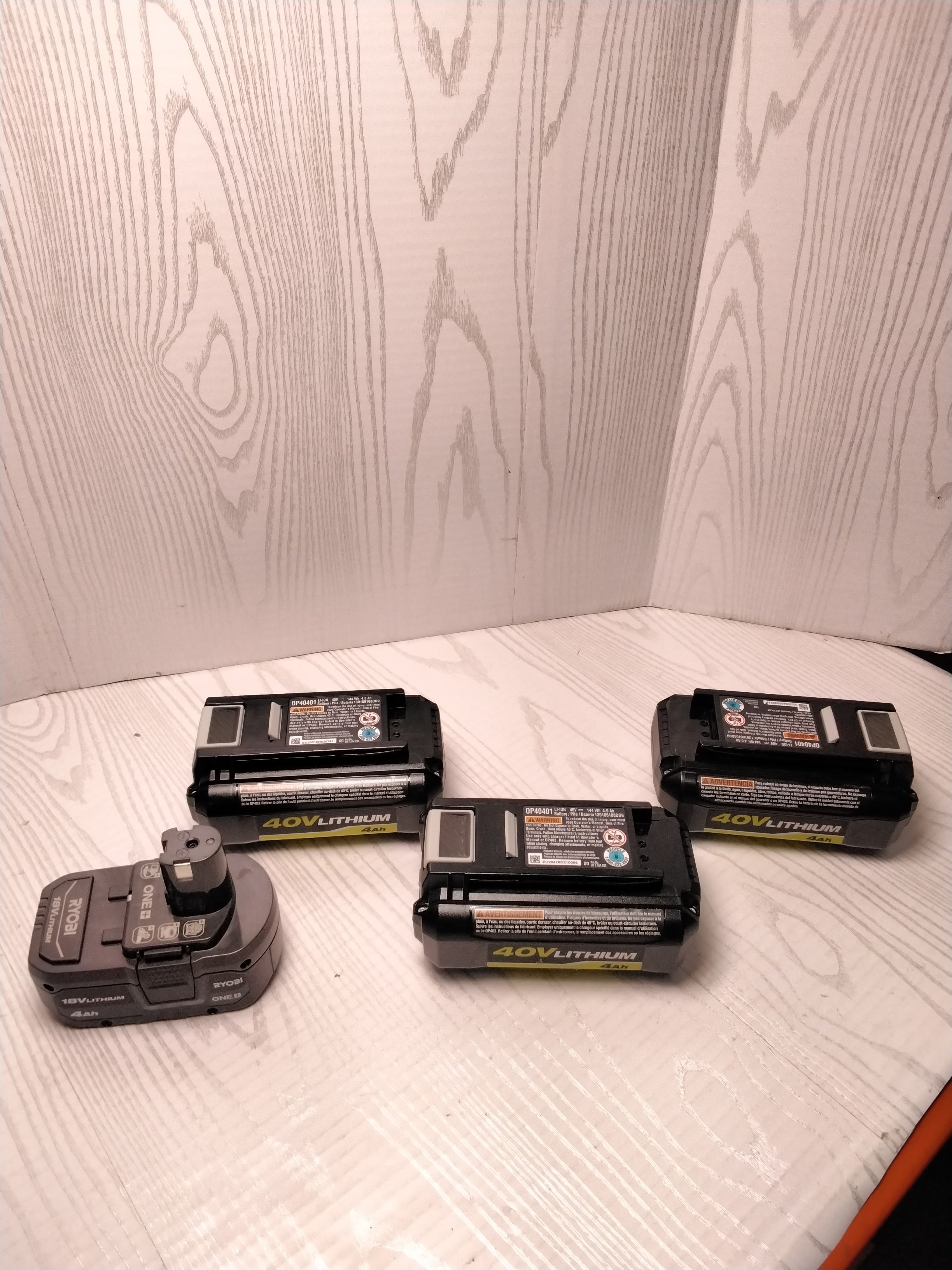 *FOR PARTS, READ* Set of 4 Ryobi Batteries - 3, 40v, 4AH & 1, 18v, 4AH (7855575236846)