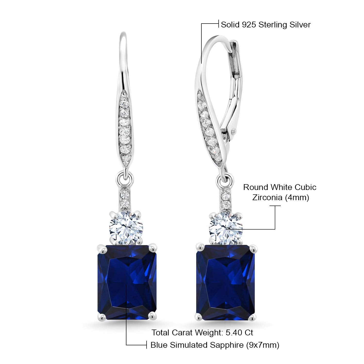 Gem Stone King Sterling Silver Sapphire Dangle Earrings Emerald Cut (7782217515246)