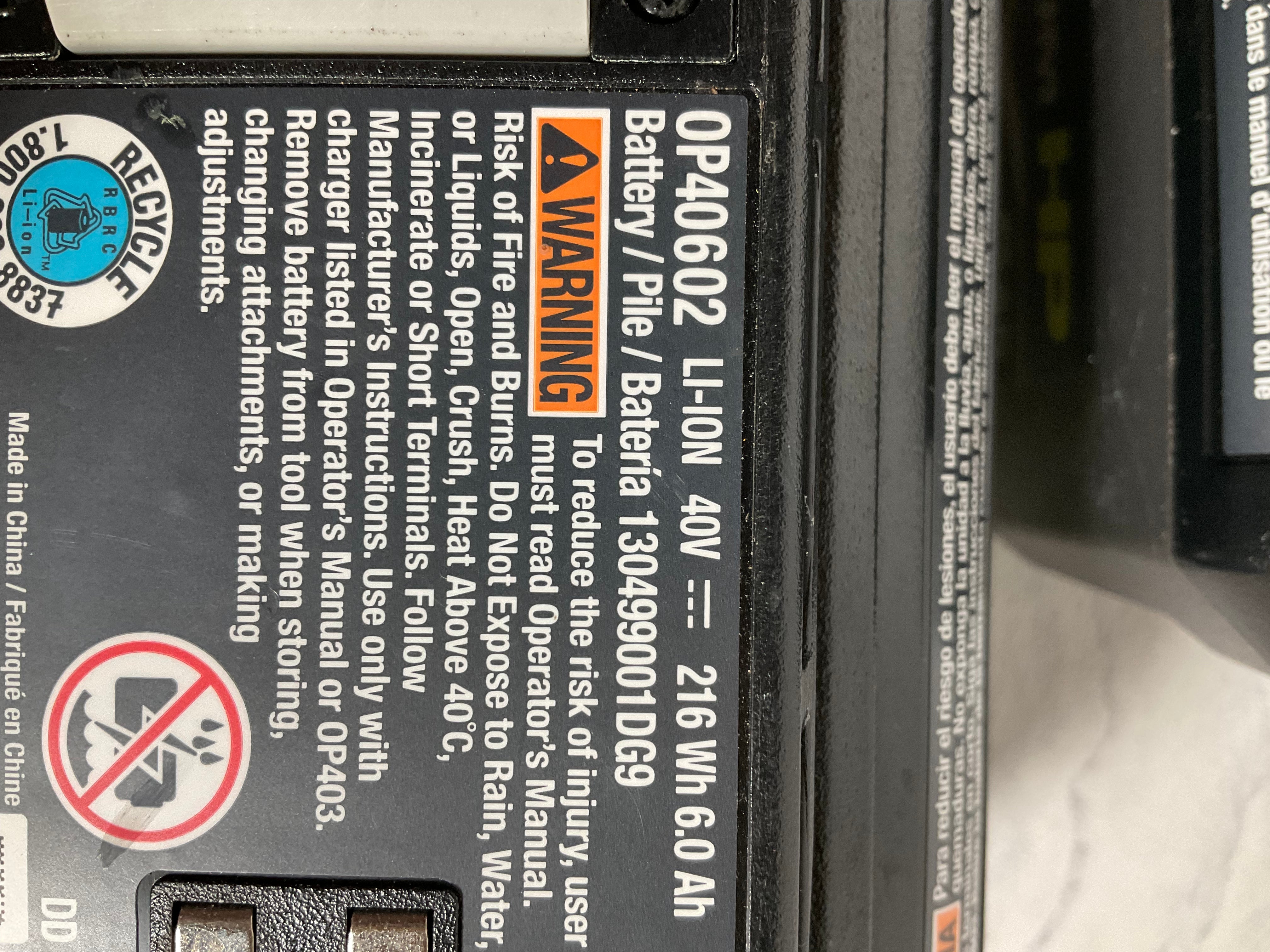 (2) Not Working Ryobi HP 0P40602 40v 6Ah Lithium Batteries, FOR PARTS (7197971316974)