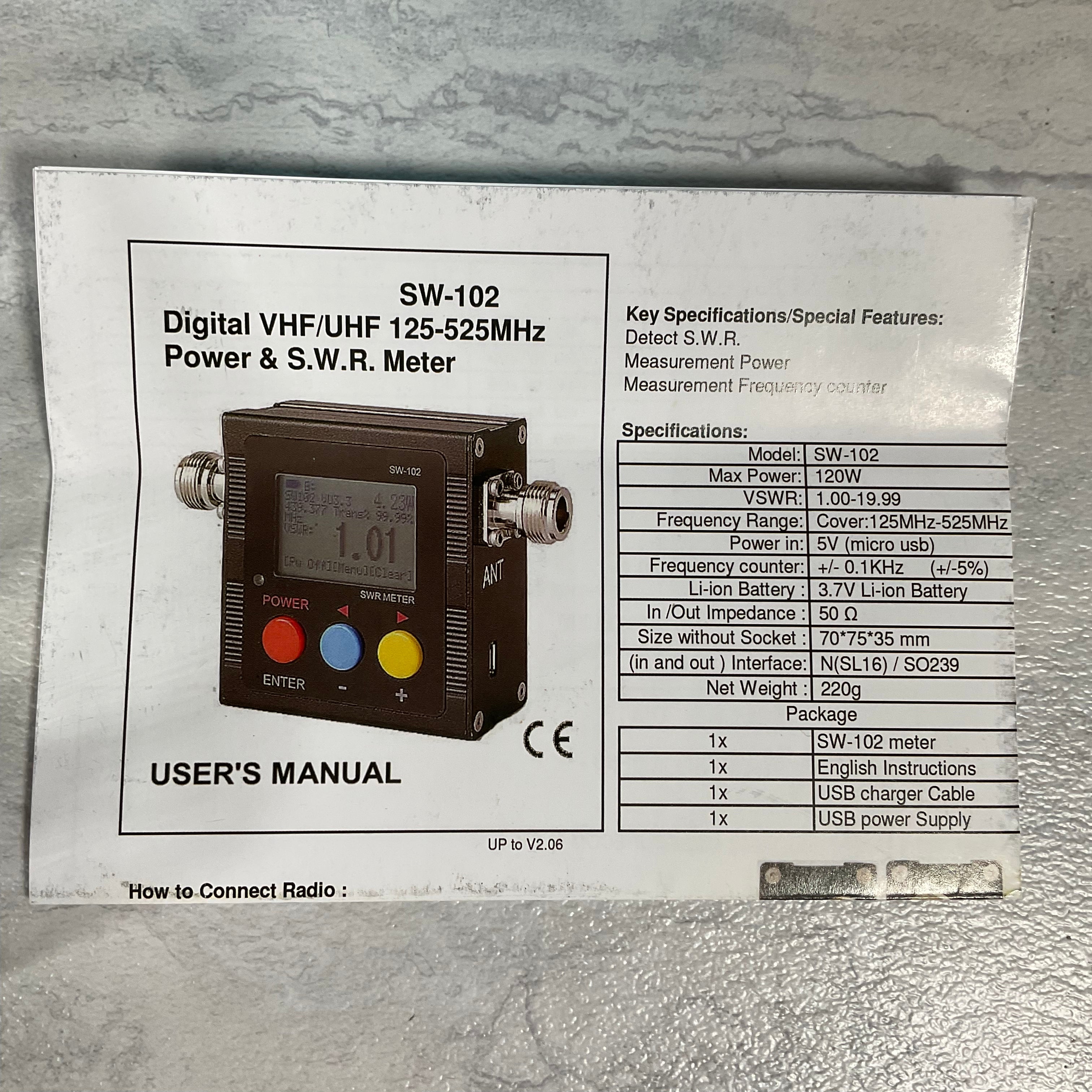 SW-102 Digital VHF/UHF 125-525Mhz Antenna Power & SWR Meter with Ground Plate (7456100778222)