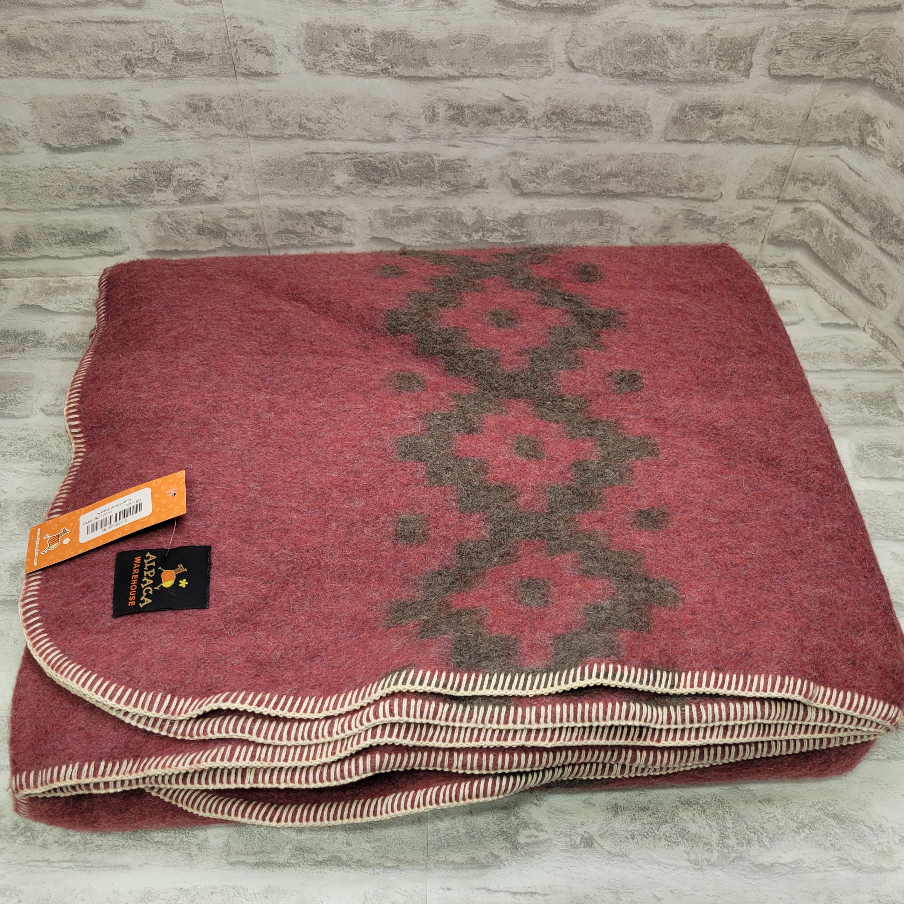 Thick Alpaca Wool Blanket Heavyweight, Ethnic Design, King, Soft Wine (7731226247406)