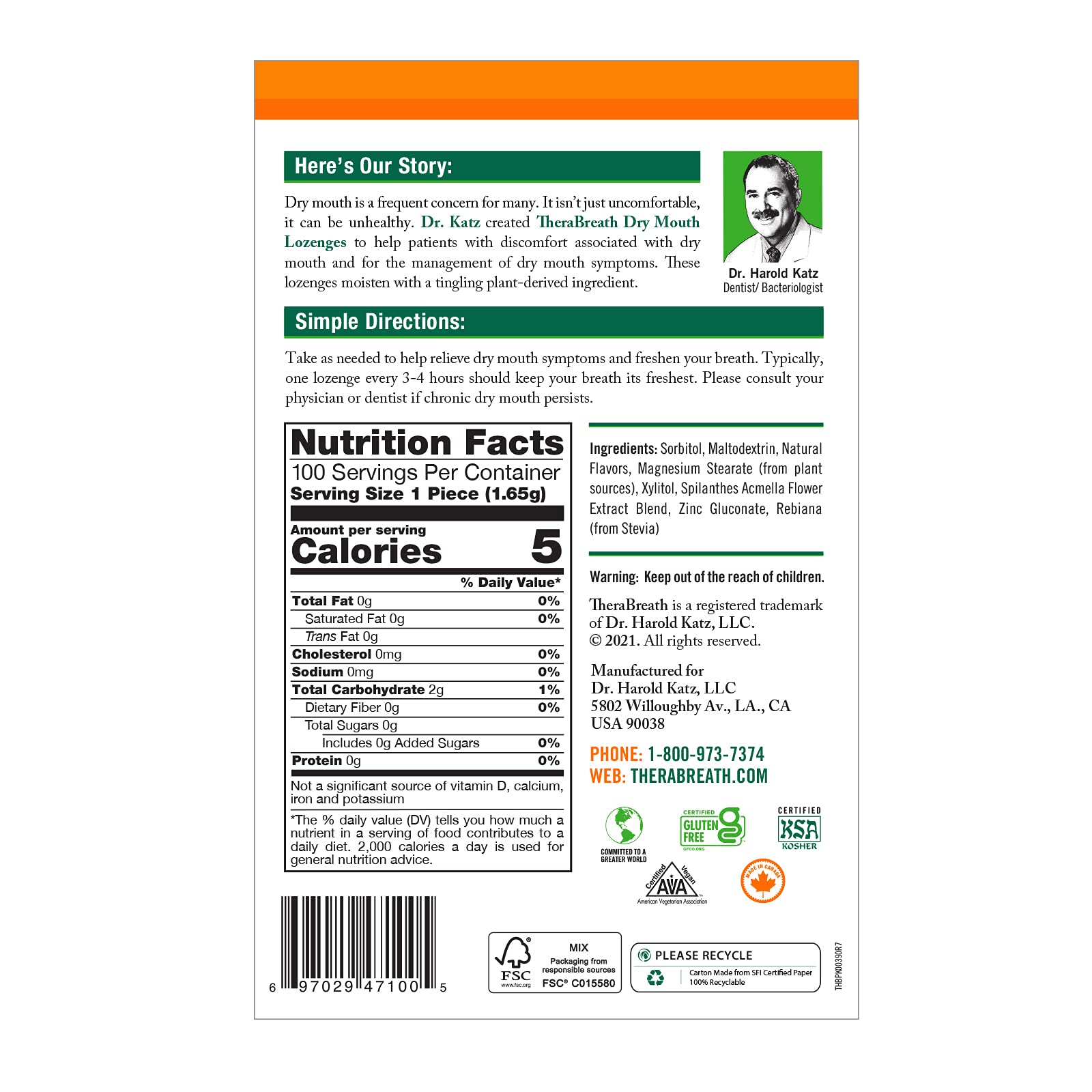 TheraBreath Dry Mouth ZINC Lozenges, Mandarin Mint Flavor, 100 Lozenges (7536067150062)