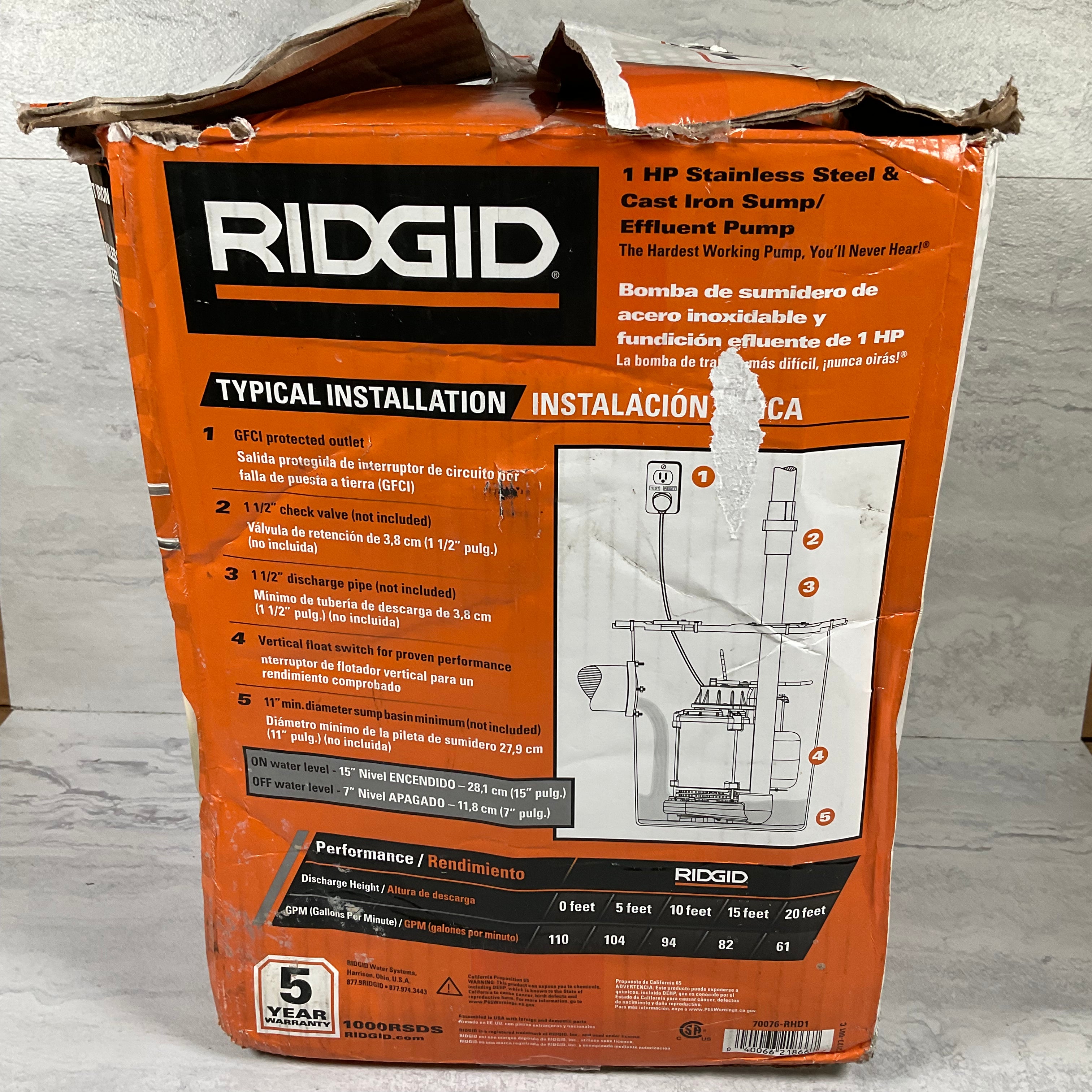 RIDGID 1 HP Stainless Steel Dual Suction Sump Pump (7017102606519)