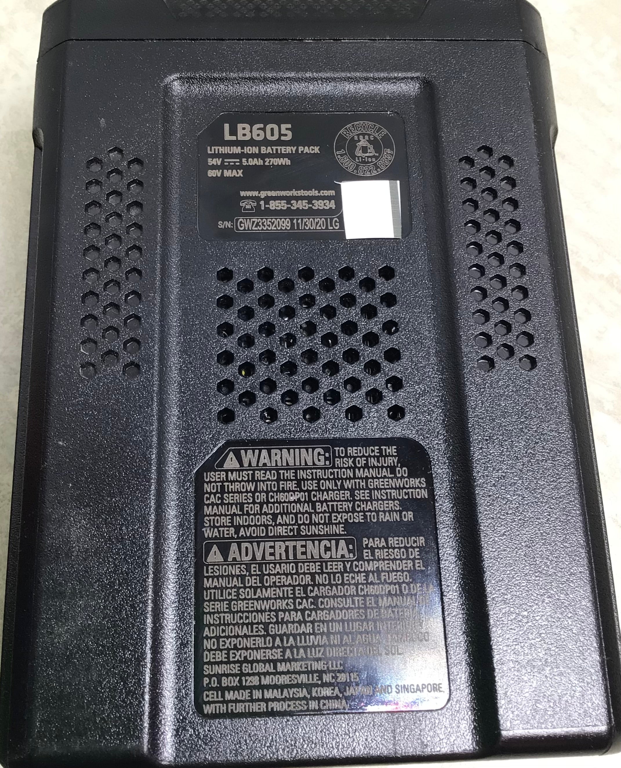 Greenworks Pro 60v, 30a, Ultra Power 5.0ah Max Battery LB605 (7754634395886)