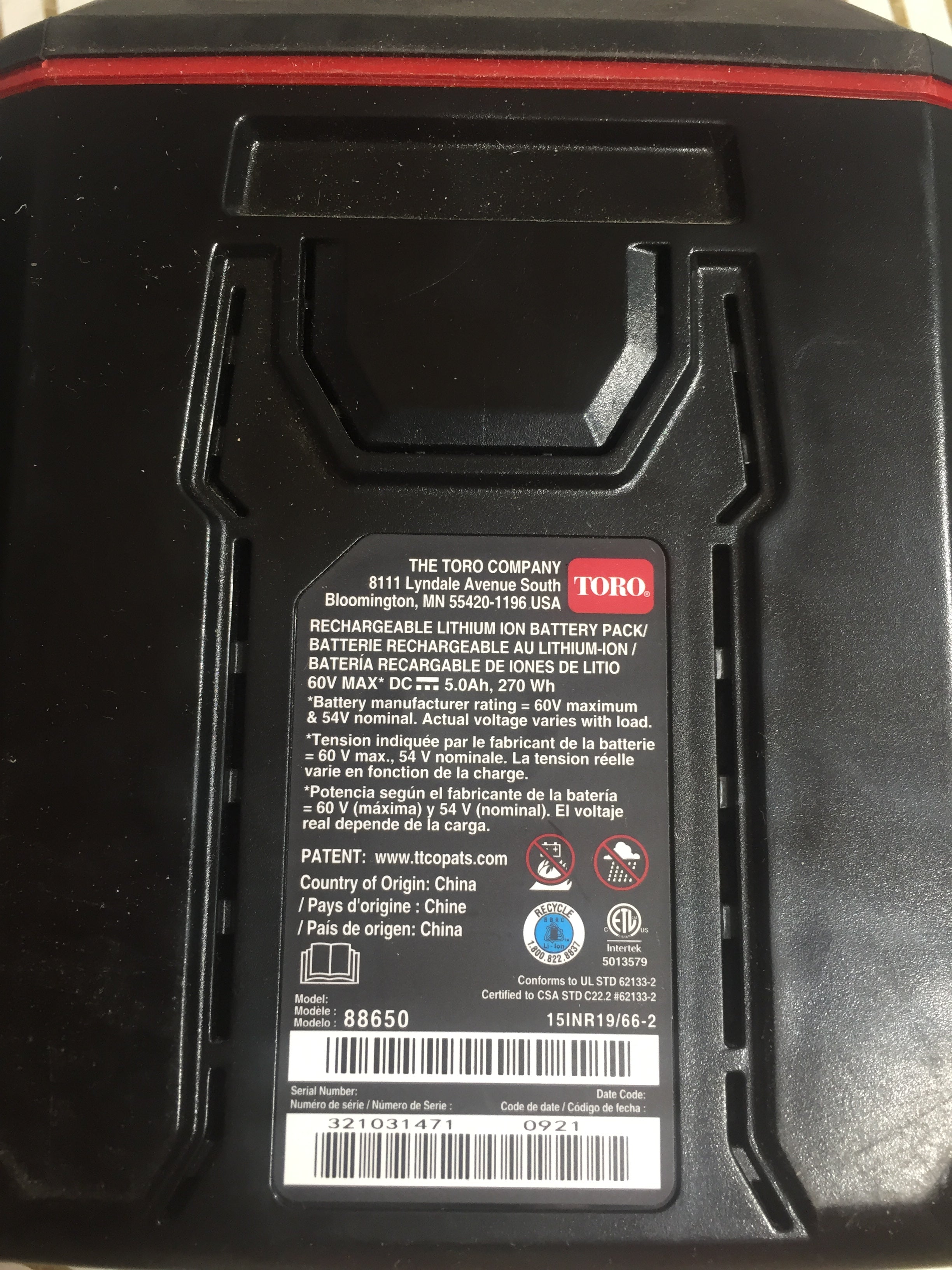 TORO Flex Force 60V Max 5.0Ah L270 Battery & Charger 88650 *TESTED* (8100487495918)