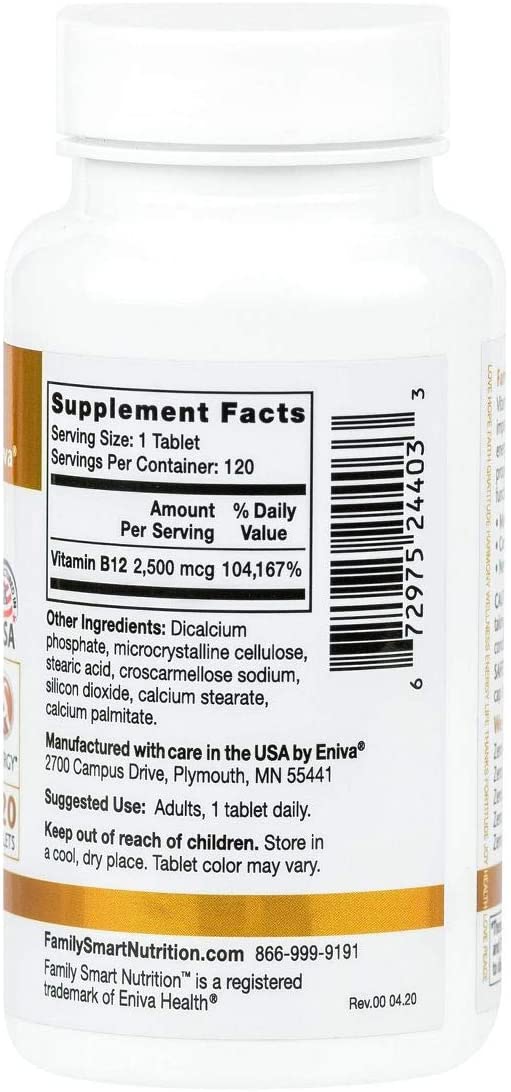 Vitamin B12-2500 mcg Family Smart Nutrition 120 Count - LOT OF 2 (7537966121198)