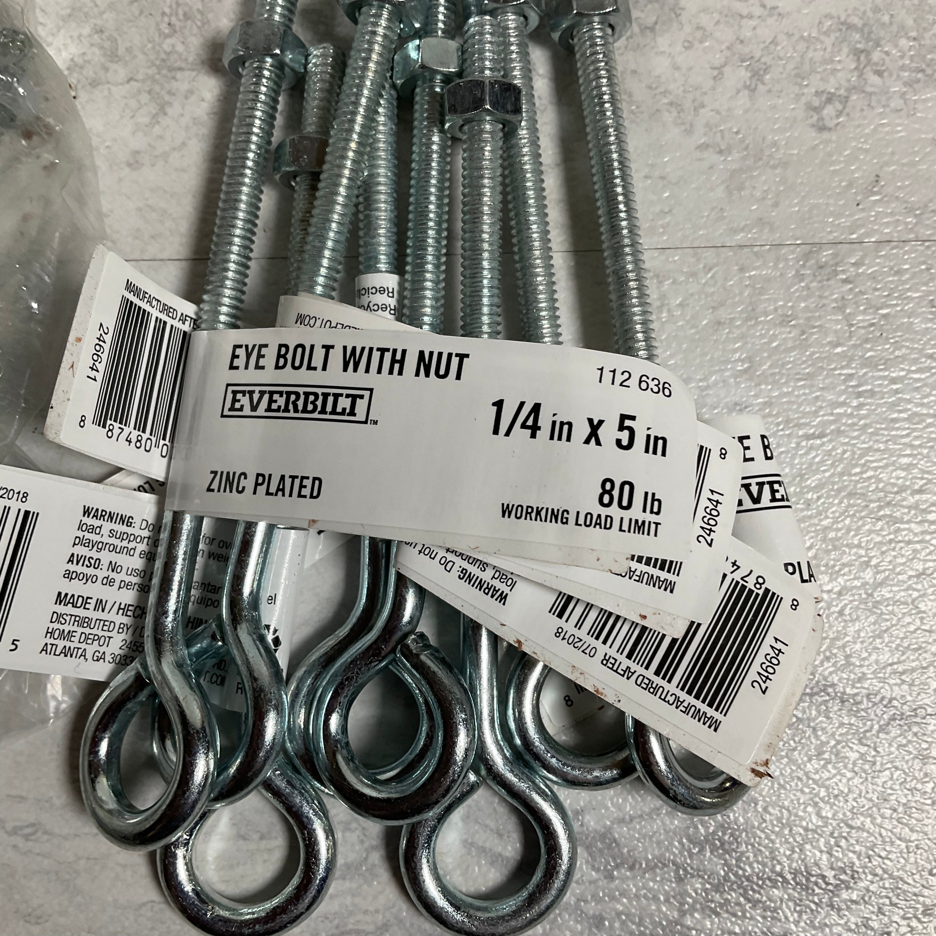(LOT OF 58) Everbilt 1/4 in. x 5 in. Zinc-Plated Eye Bolt with Nut (7350364209390)