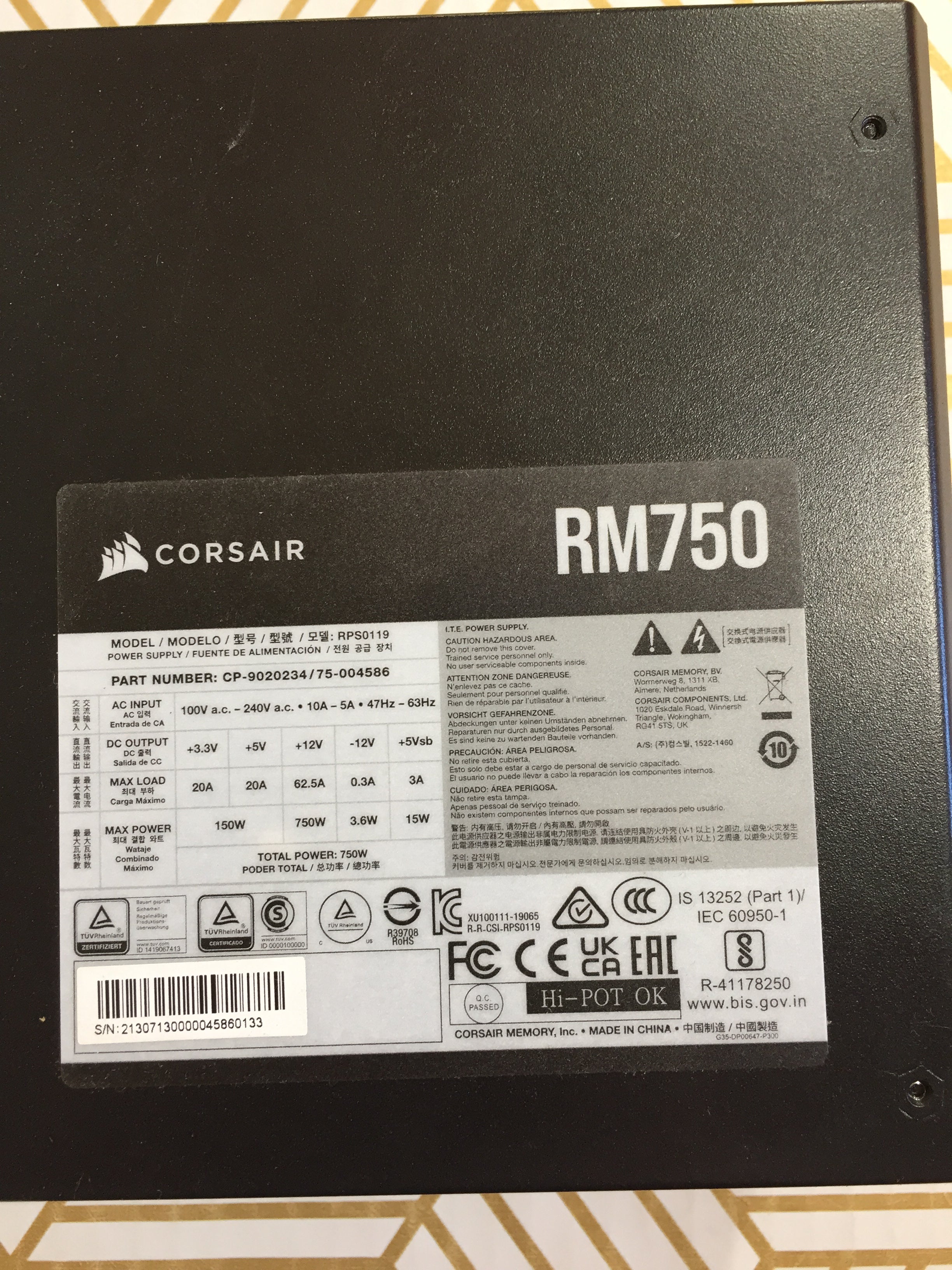 CORSAIR RM Series RM750 750 Watt, 80 Plus Gold Fully Modular Power Supply (7753133424878)