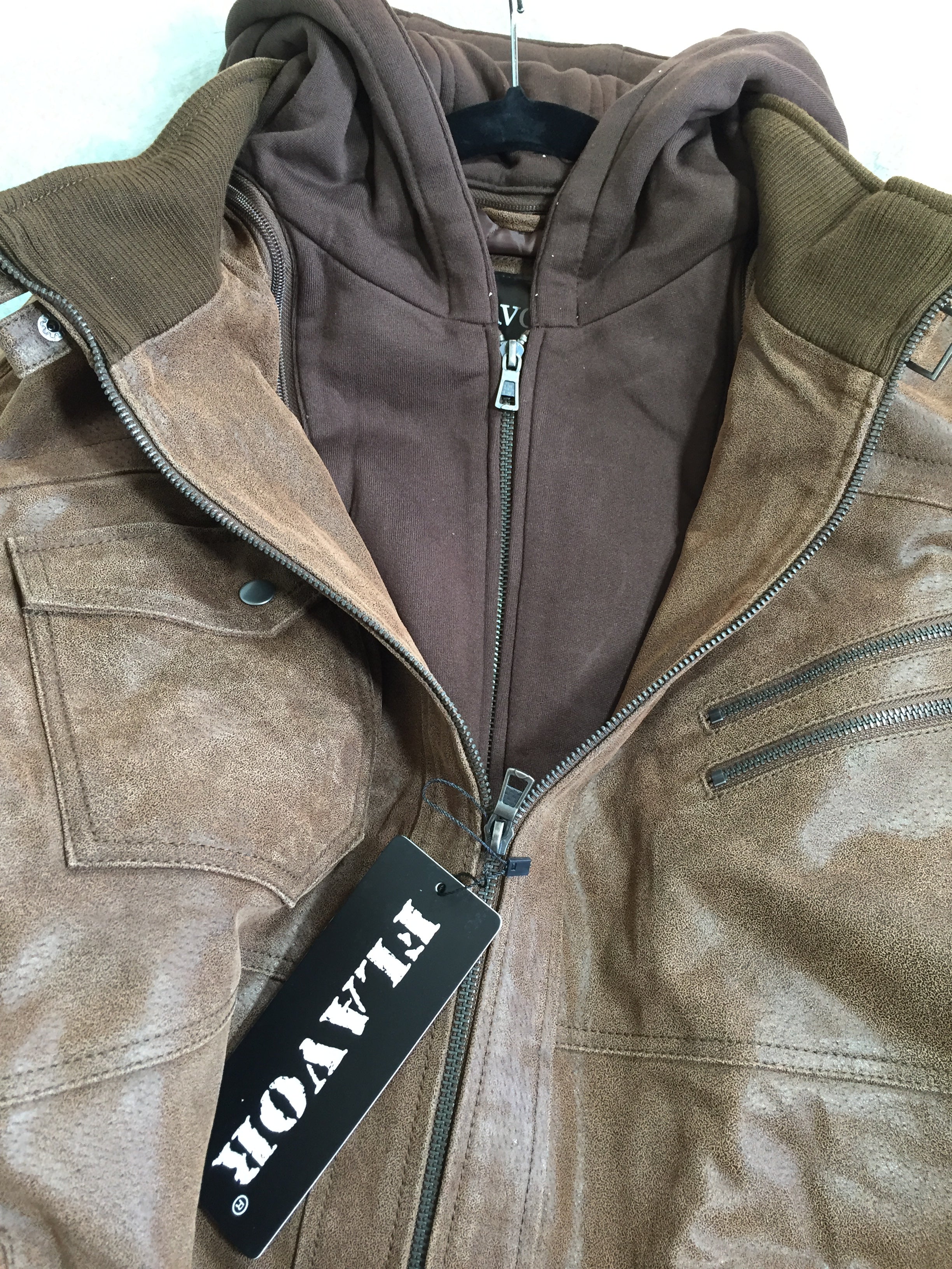 FLAVOR Men Brown Leather Motorcycle Jacket with Removable Hood (7618391802094)