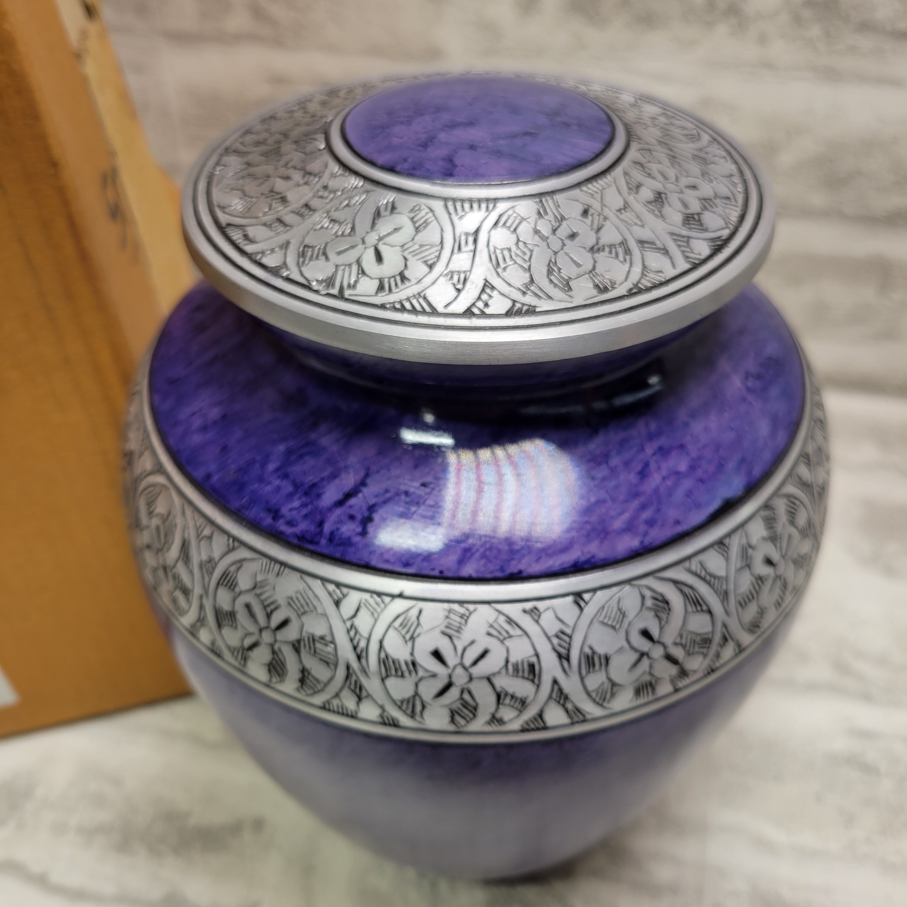 Adult Cremation Urn for Human Ashes - Purple and Silver with Velvet Bag