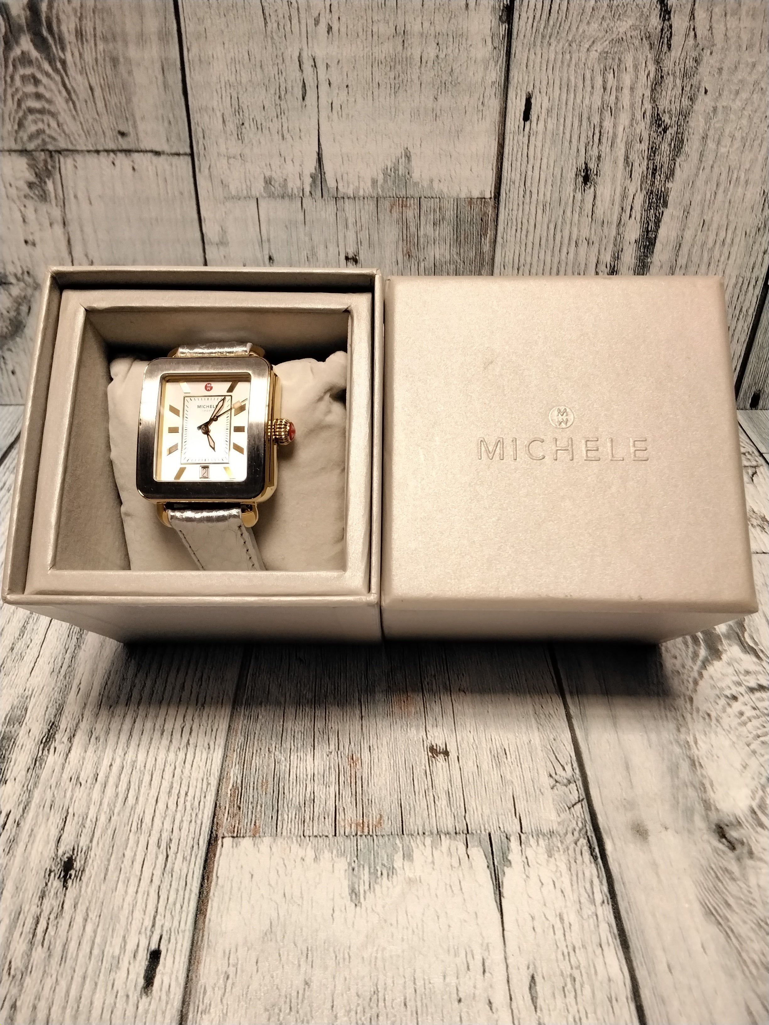 Michele Deco Sport Gold-Tone w/ Silver Embossed Leather Watch Strap (Parts Only) (7772390064366)
