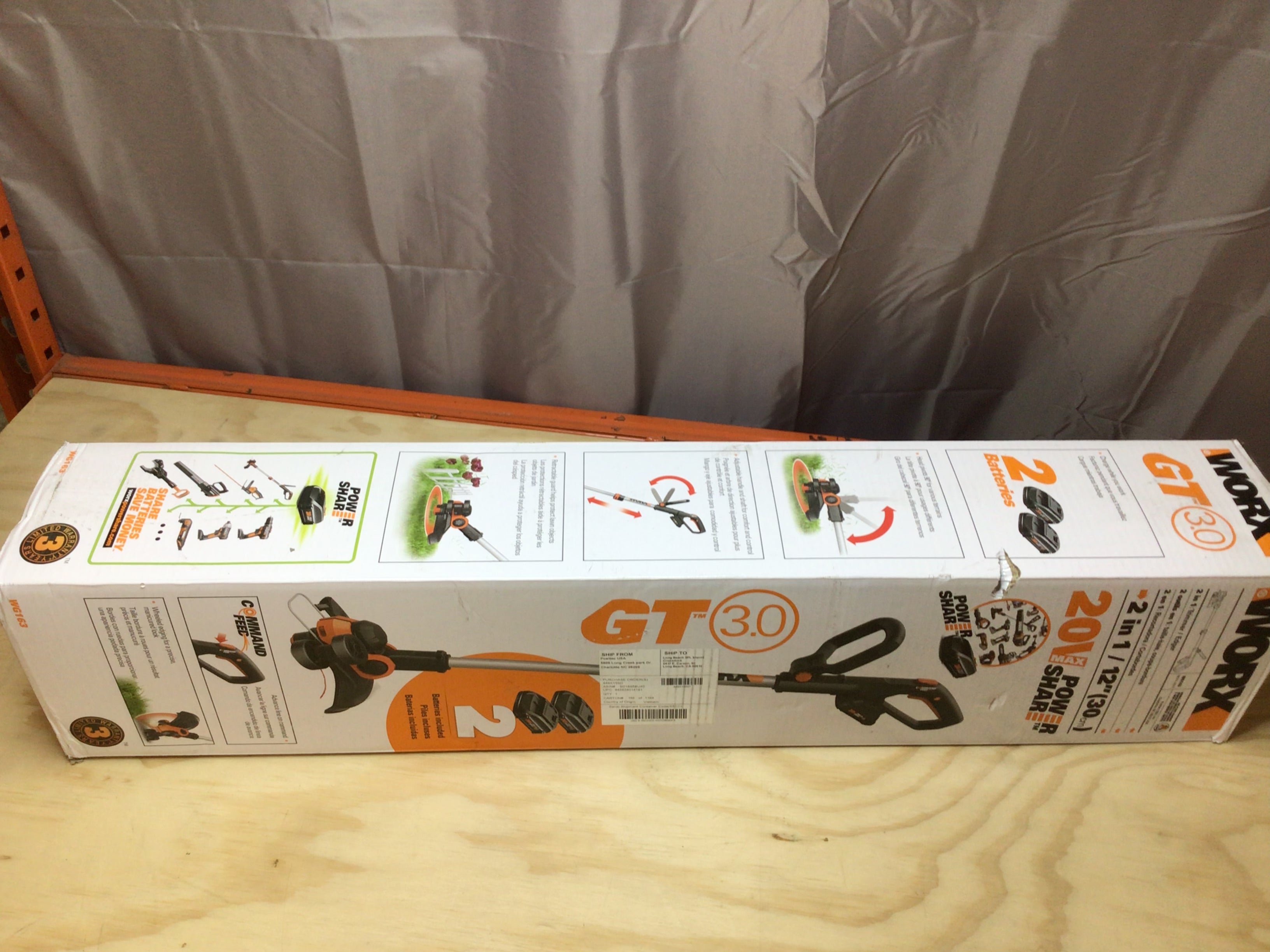 Worx WG163 Orange Black 20V 12 Inch Cordless String Trimmer Edger w Batteries (8097246511342)