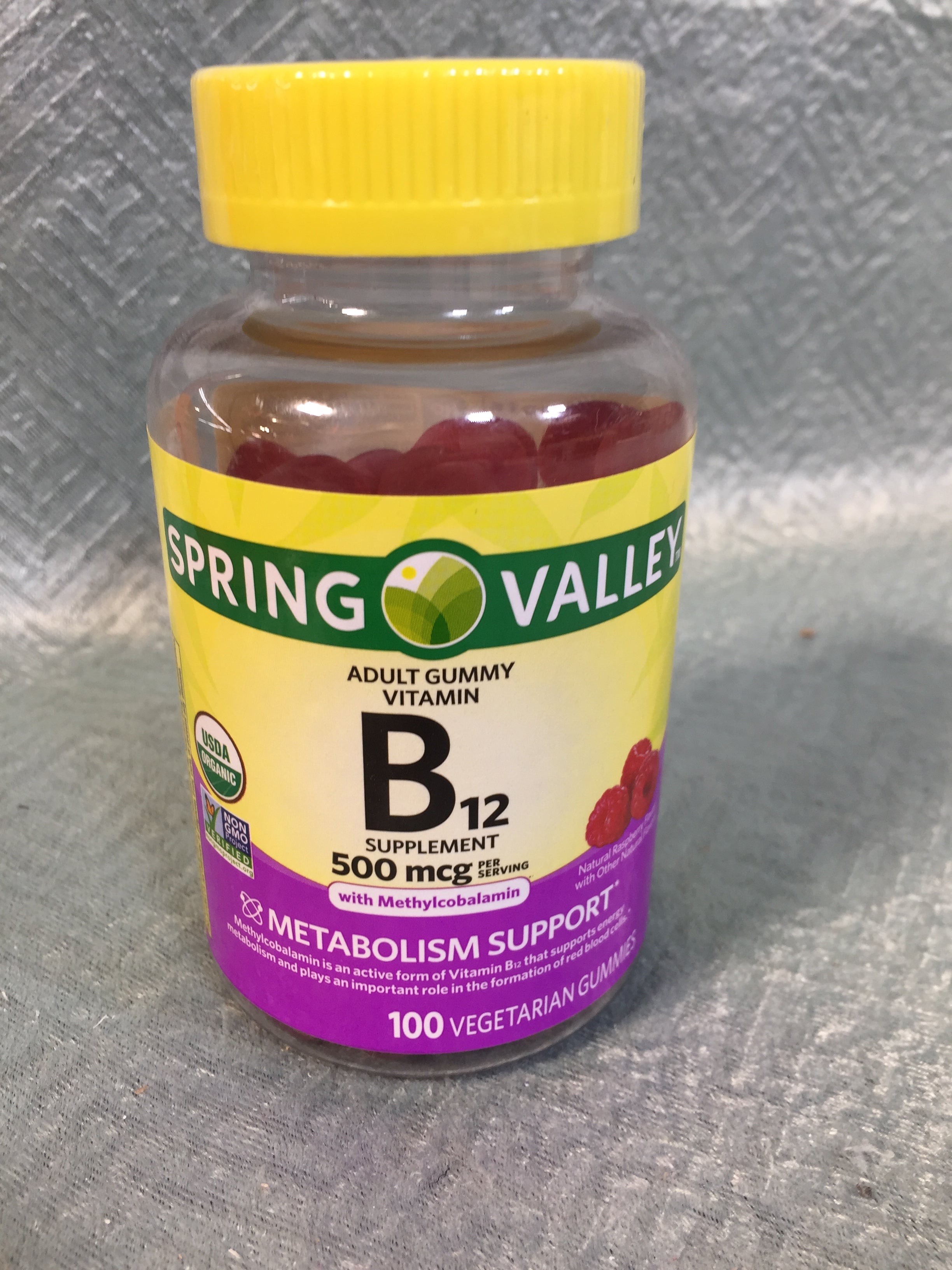 Spring Valley Adult Gummy Vitamin B12, 500mcg with Methylcobalamin, 100 Vegetarian Gummies, Natural Raspberry Flavor (7592982446318)