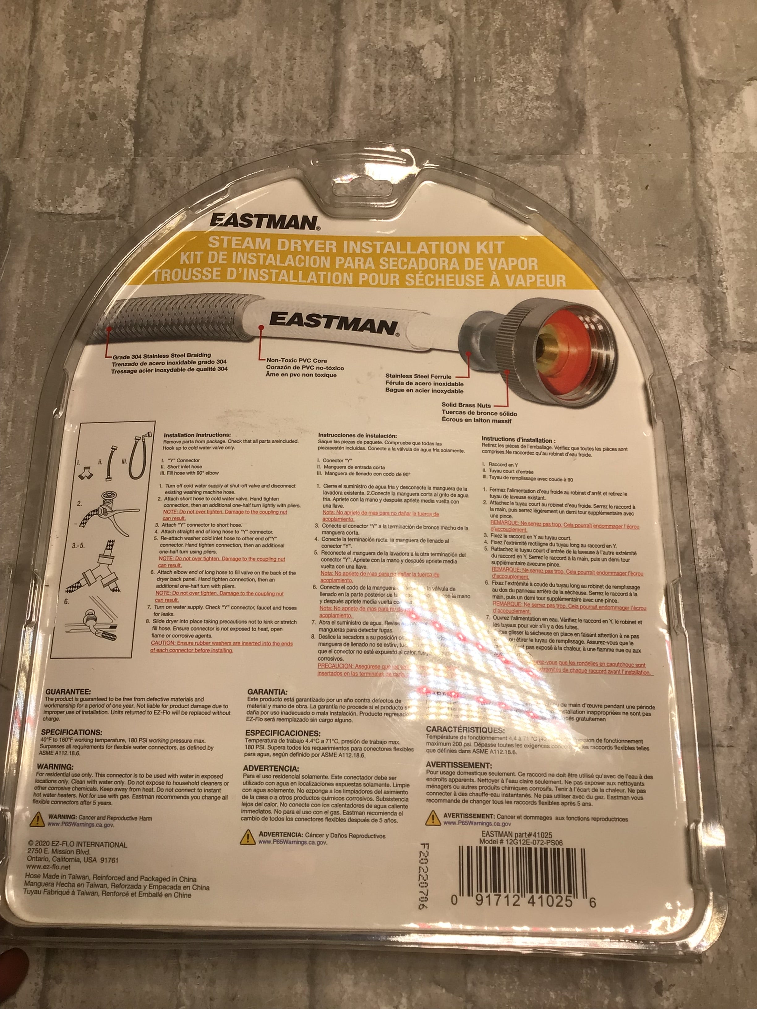 Eastman Steam Dryer Installation Kit, 3/4 Inch FHT Fill Hose 90 Degree Elbow 6ft (8224097665262)