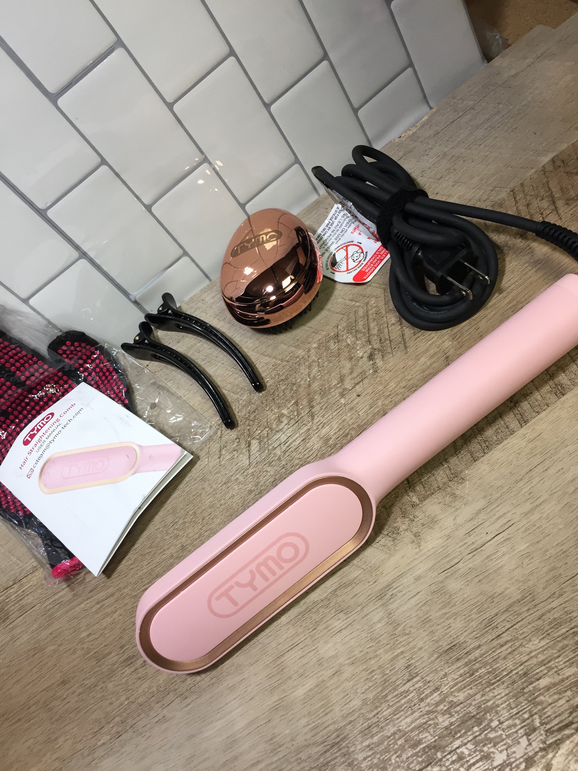TYMO Ring Pink Hair Straightener Brush Hair Straightening Iron w/ Built-in Comb (6973064642743)