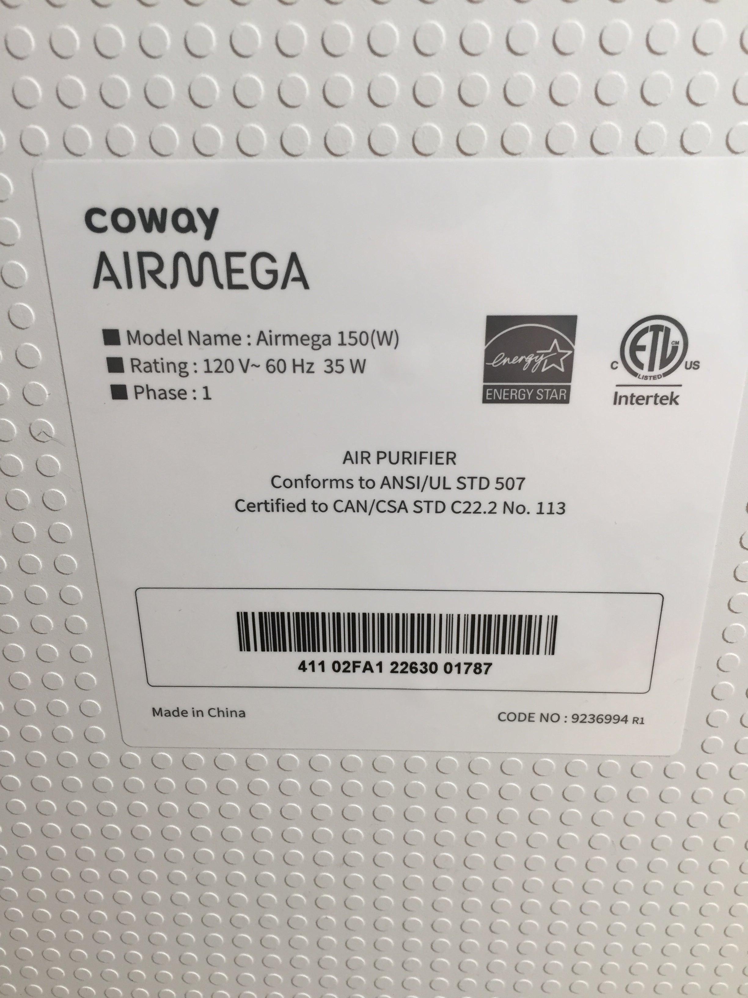 Coway Airmega 150 True HEPA Air Purifier with Quality Monitoring White (8076079005934)