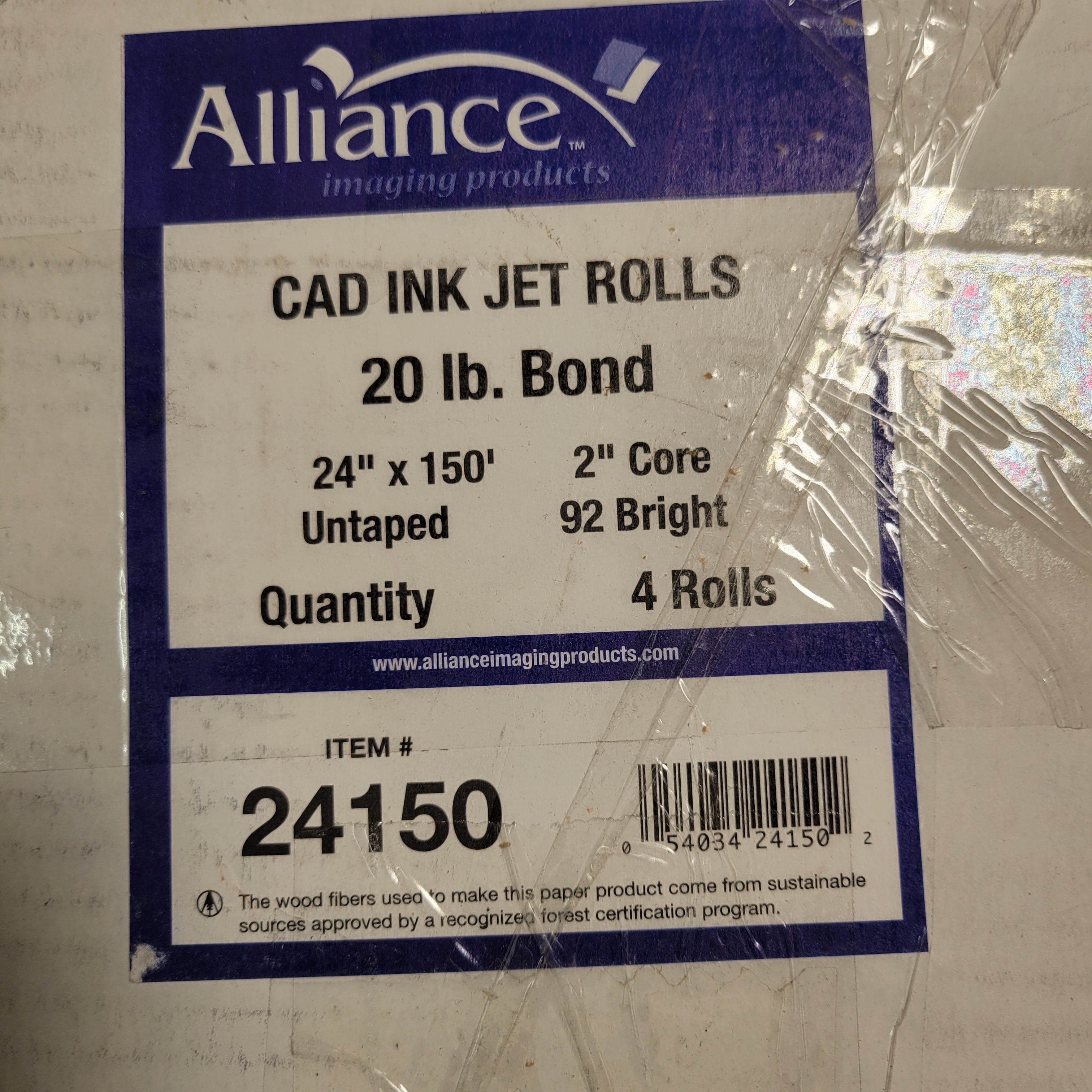 Alliance Wide Format Paper 24” x 150' CAD Bond 92 Bright 20lb. 4 Rolls w/2