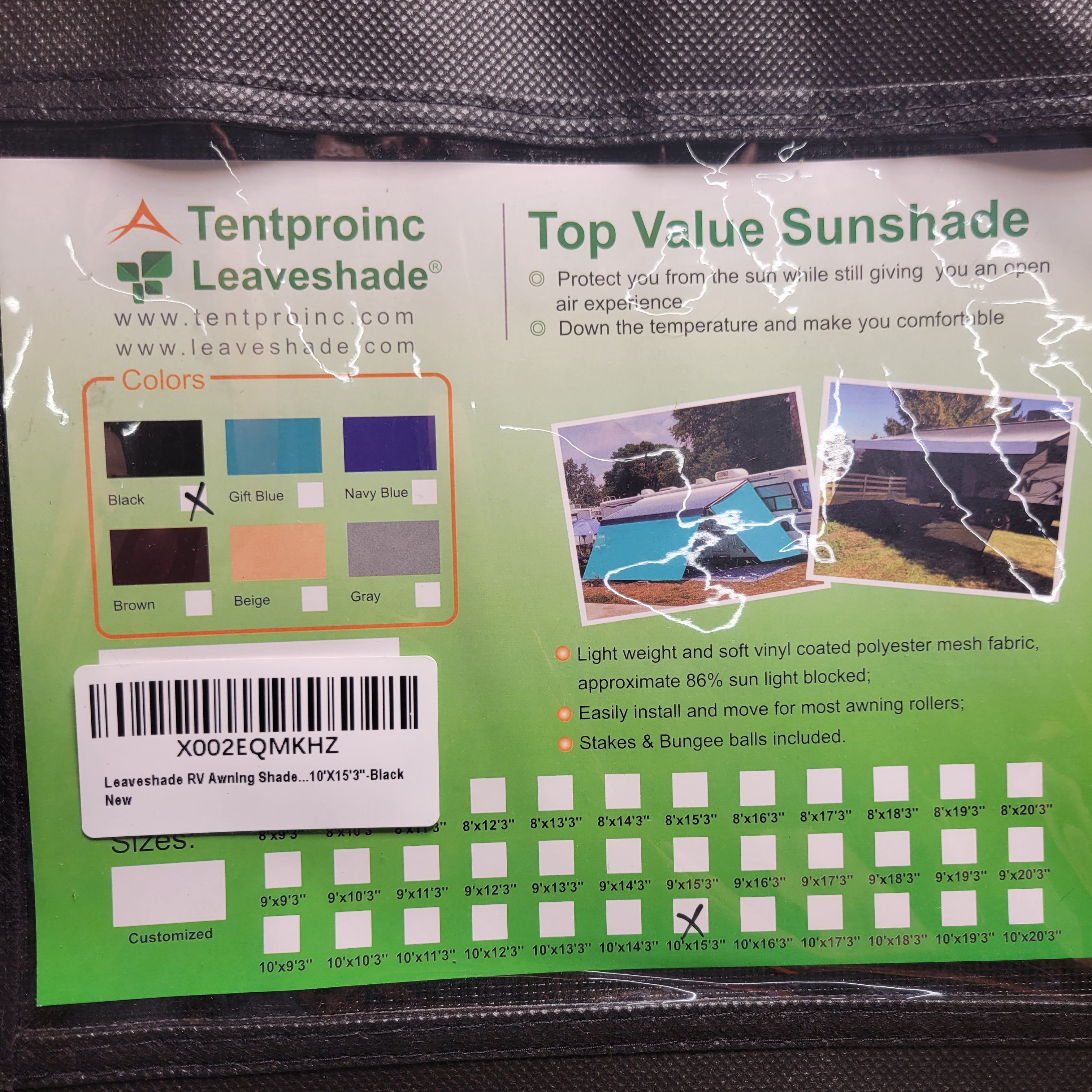 Tentproinc RV Awning Sunshade Screen ● 10'X15'3''- Black Mesh Sun Shade (8086203105518)