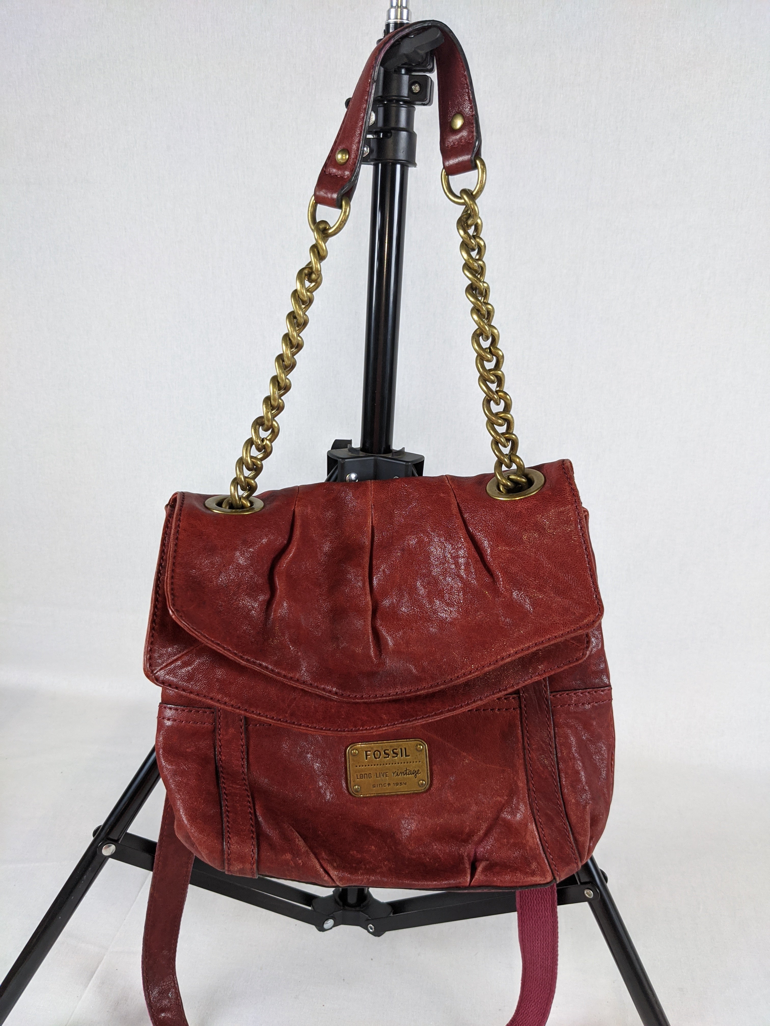 Fossil llv Foldover Red Leather Chain Shoulder Handbag hobo Crossbody (6925853098167)