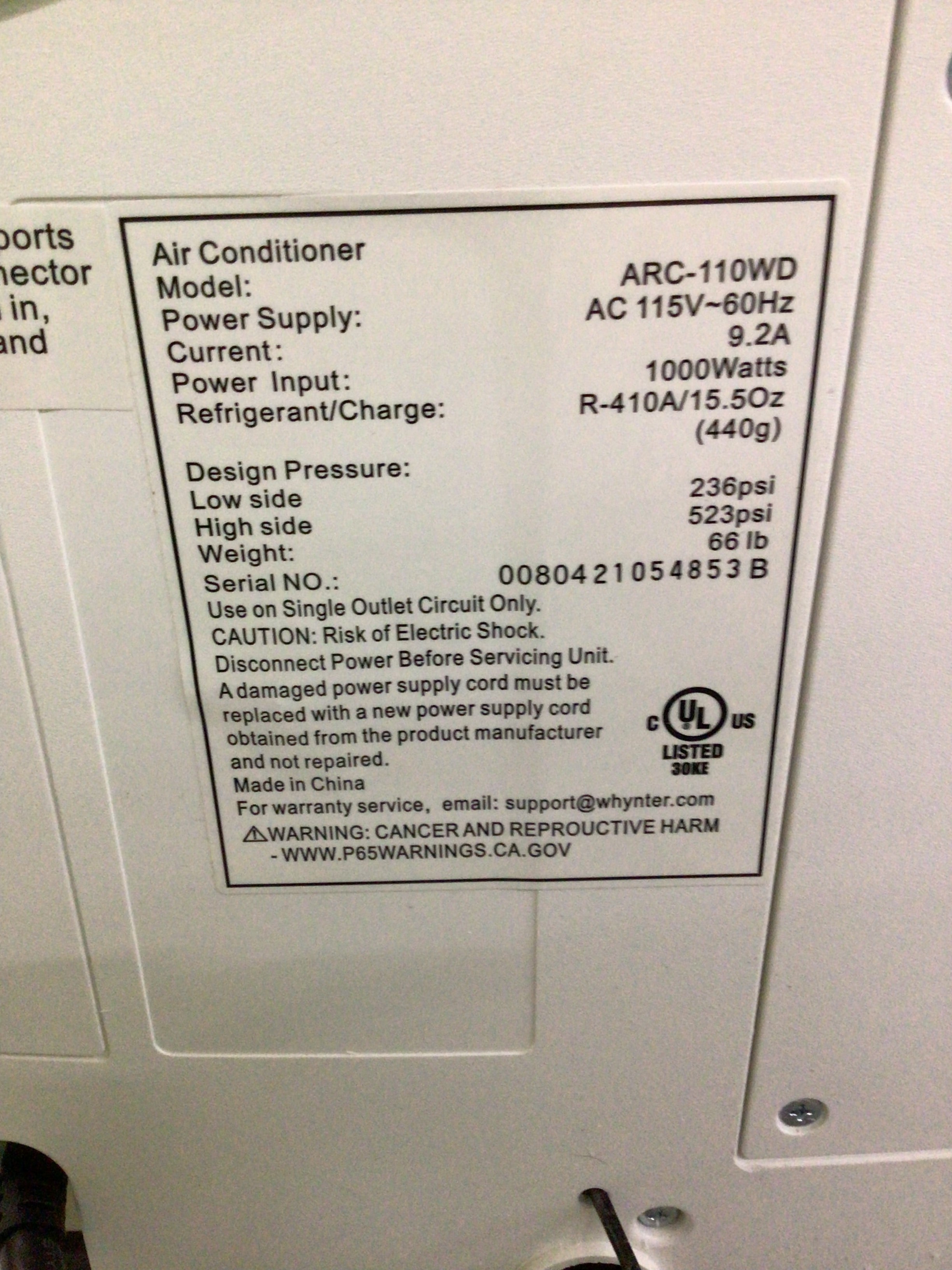 Whynter ARC-110WD 11,000 BTU Portable Air Conditioner 350 ft² *OPEN BOX - READ* (8103325532398)