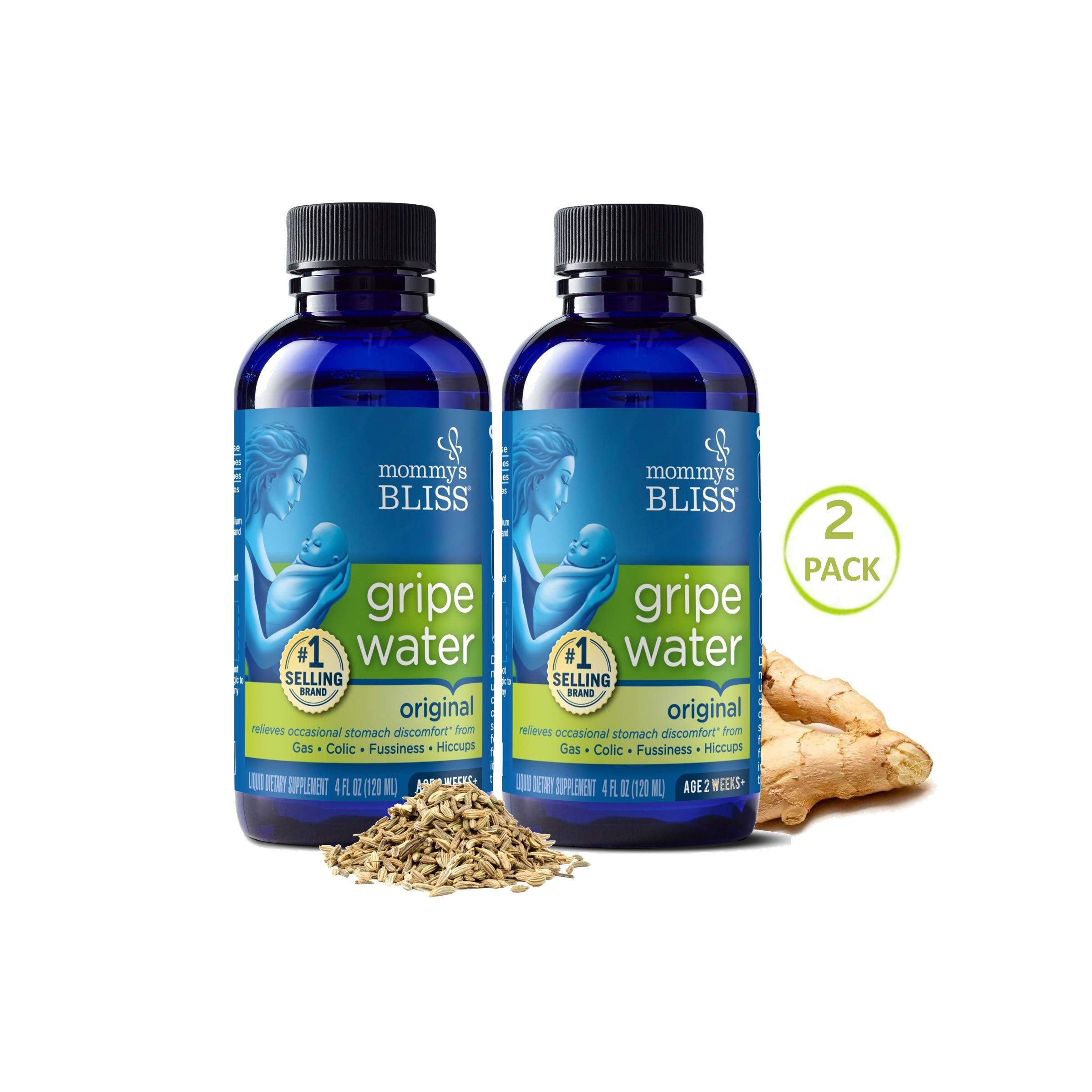 Mommy's Bliss Gripe Water for Babies - Double Pack, Relieves Stomach Discomfort from Gas, Colic, Fussiness & Hiccups, Age 2 Weeks+, Pack of 2 (Total 8 Fl Oz) (7610839171310)