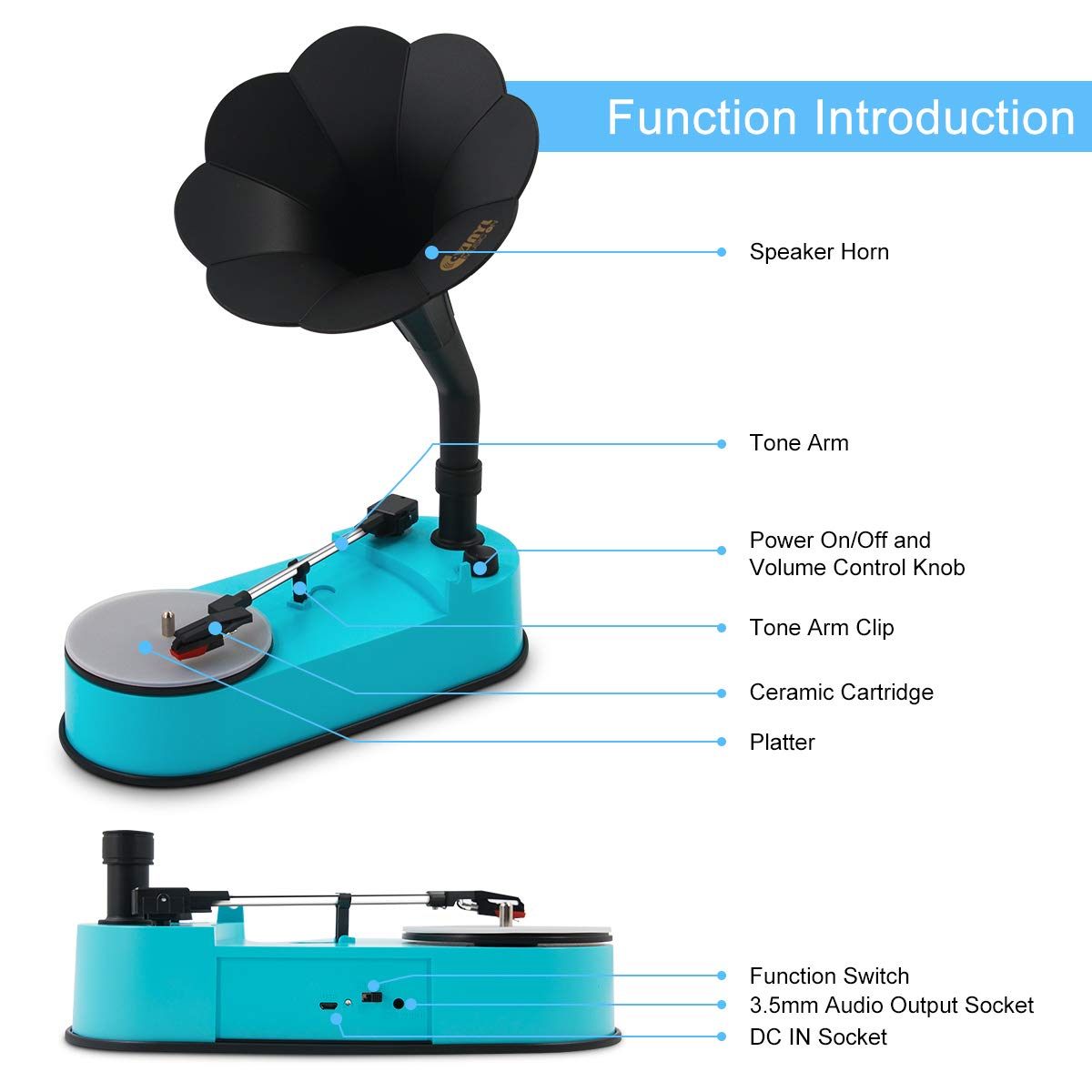 Turntable Record Player with Horn Speaker for 33/45 RPM Records,Mini Gramophone (6973332619447)