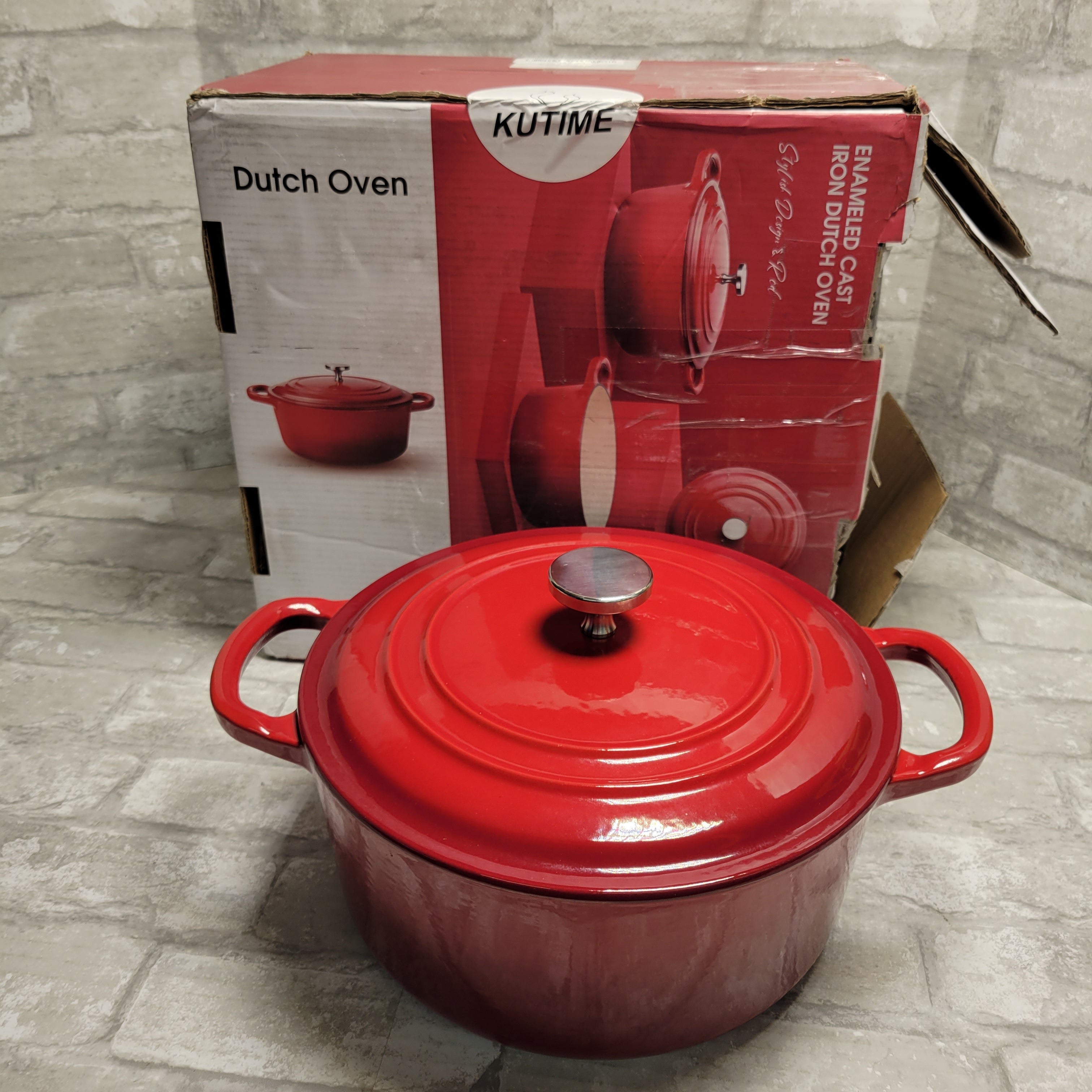4.5 Quart Enamel Cast Iron Dutch Oven w/ Loop Handles, Enamel Stockpot Lid, Red (8038502301934)
