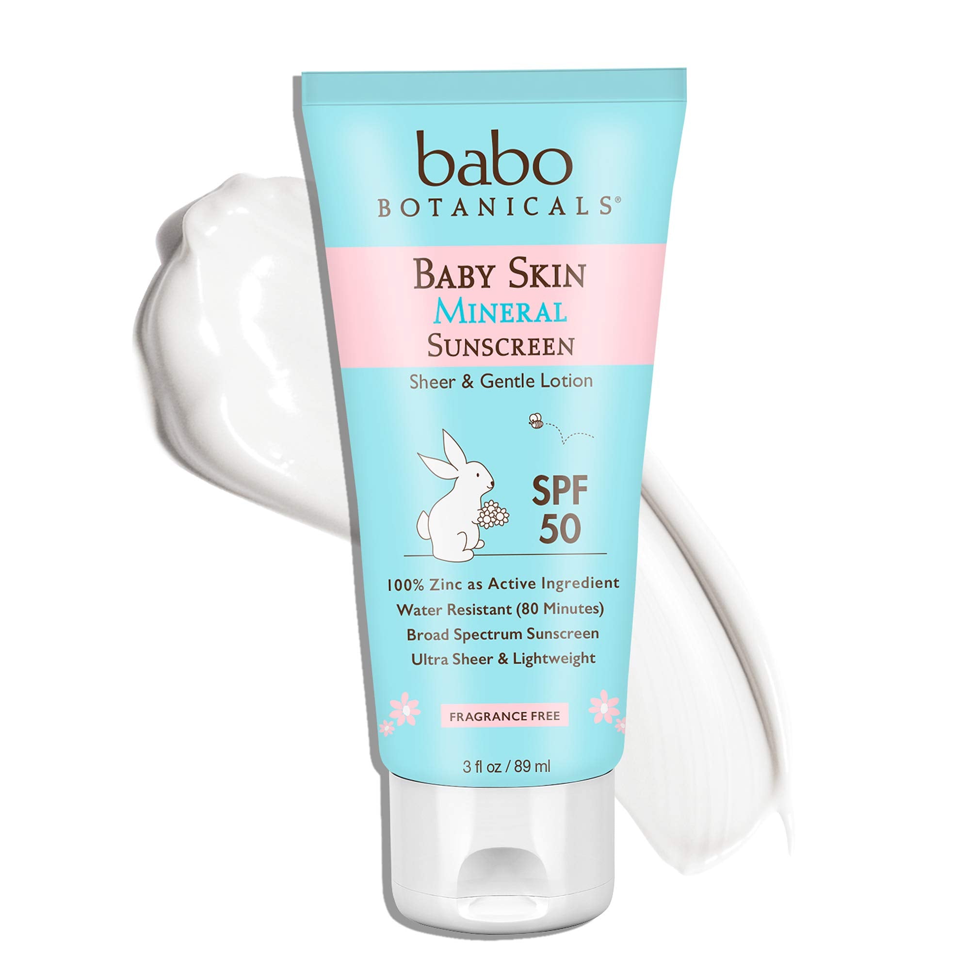 Babo Botanicals Baby Skin Mineral Sunscreen Lotion SPF 50 Broad Spectrum - with 100% Zinc Oxide Active – Fragrance-Free, Water-Resistant, Ultra-Sheer & Lightweight - 3 fl. oz. (7592832172270)