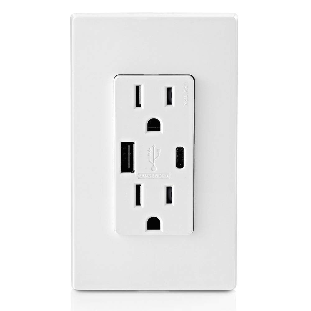 Leviton T5633-W 15-Amp Type A & Type-C USB Charger/Tamper Resistant Outlet, Not for Laptops, White (7820392530158)