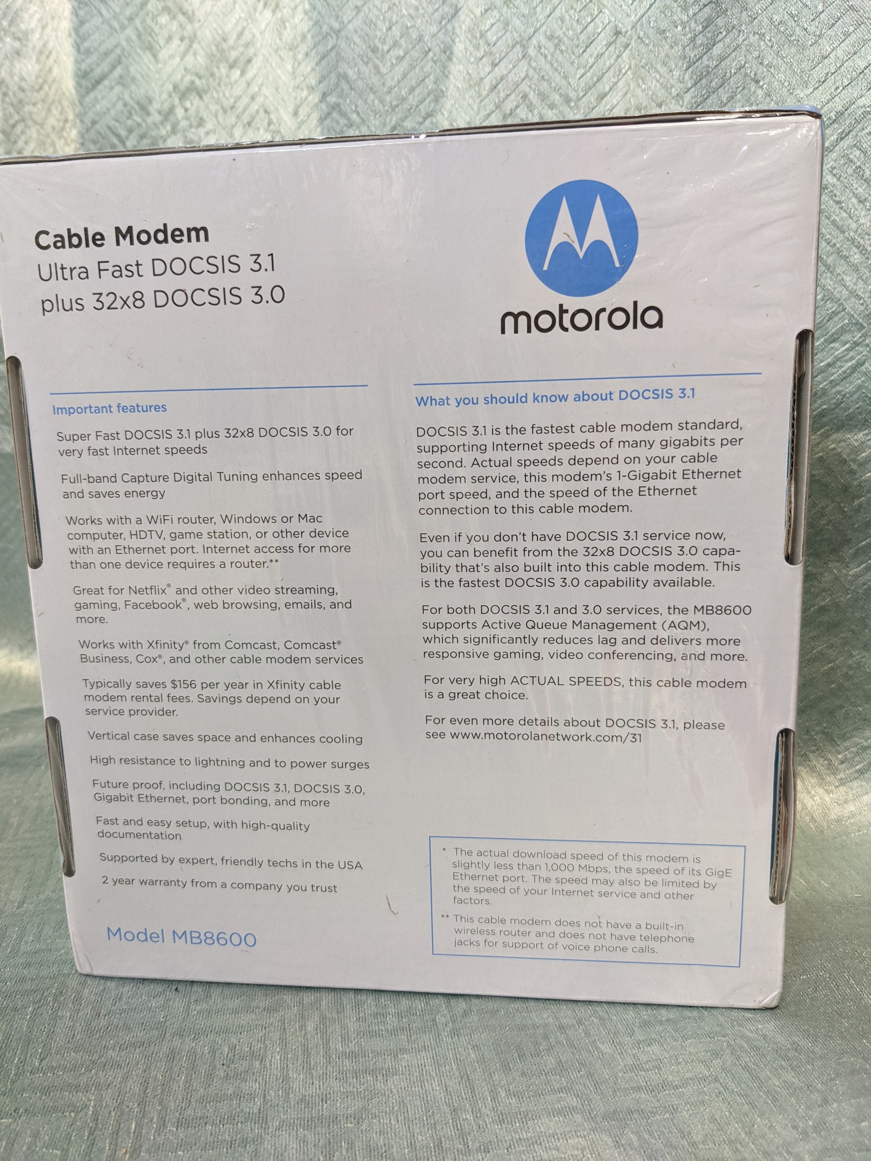 Motorola MB8600 DOCSIS 3.1 Cable Modem Approved for Comcast Xfinity,