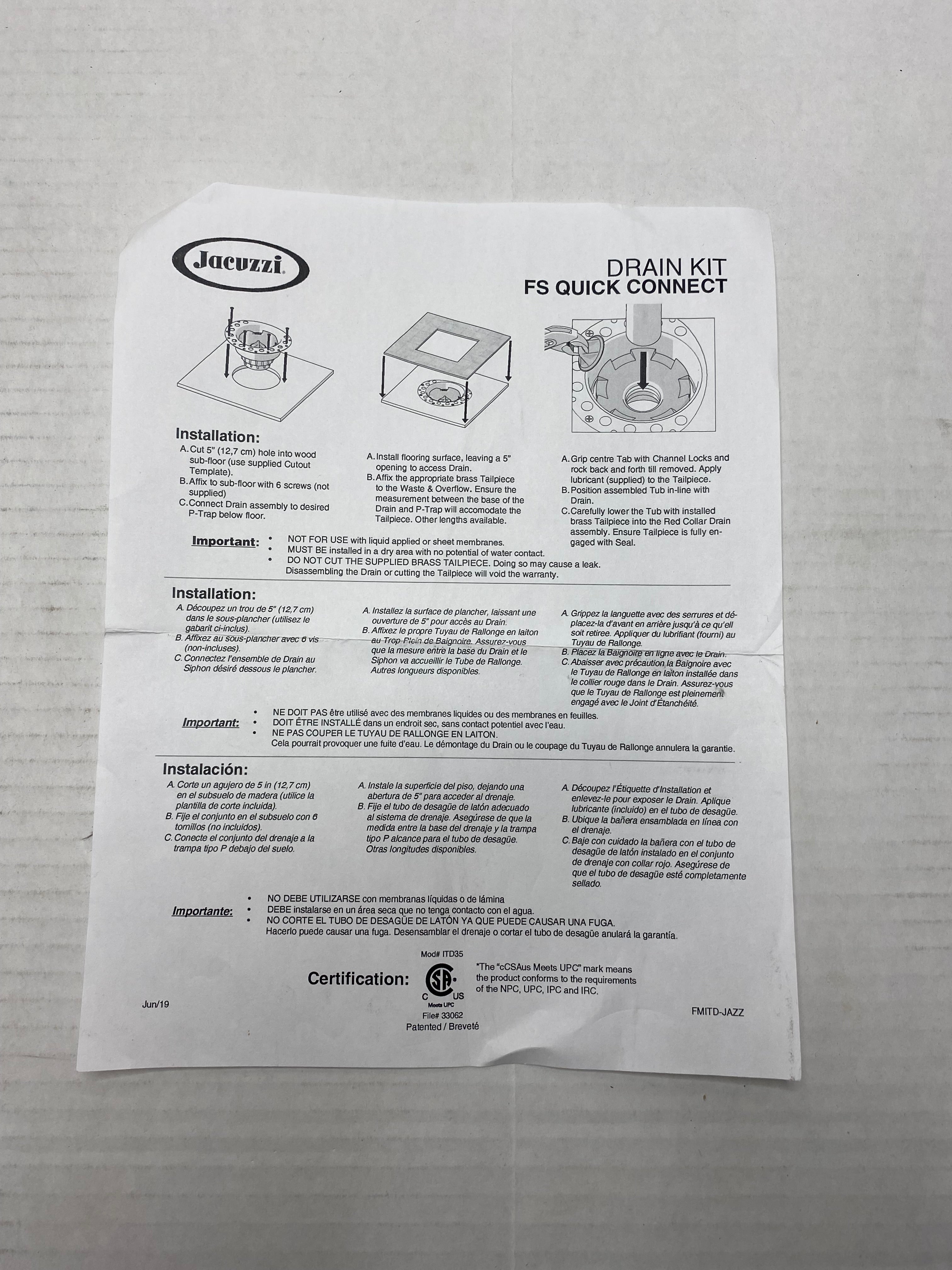 Jacuzzi MZ20000 Drain Installation Set Accessory *OPEN BOX*