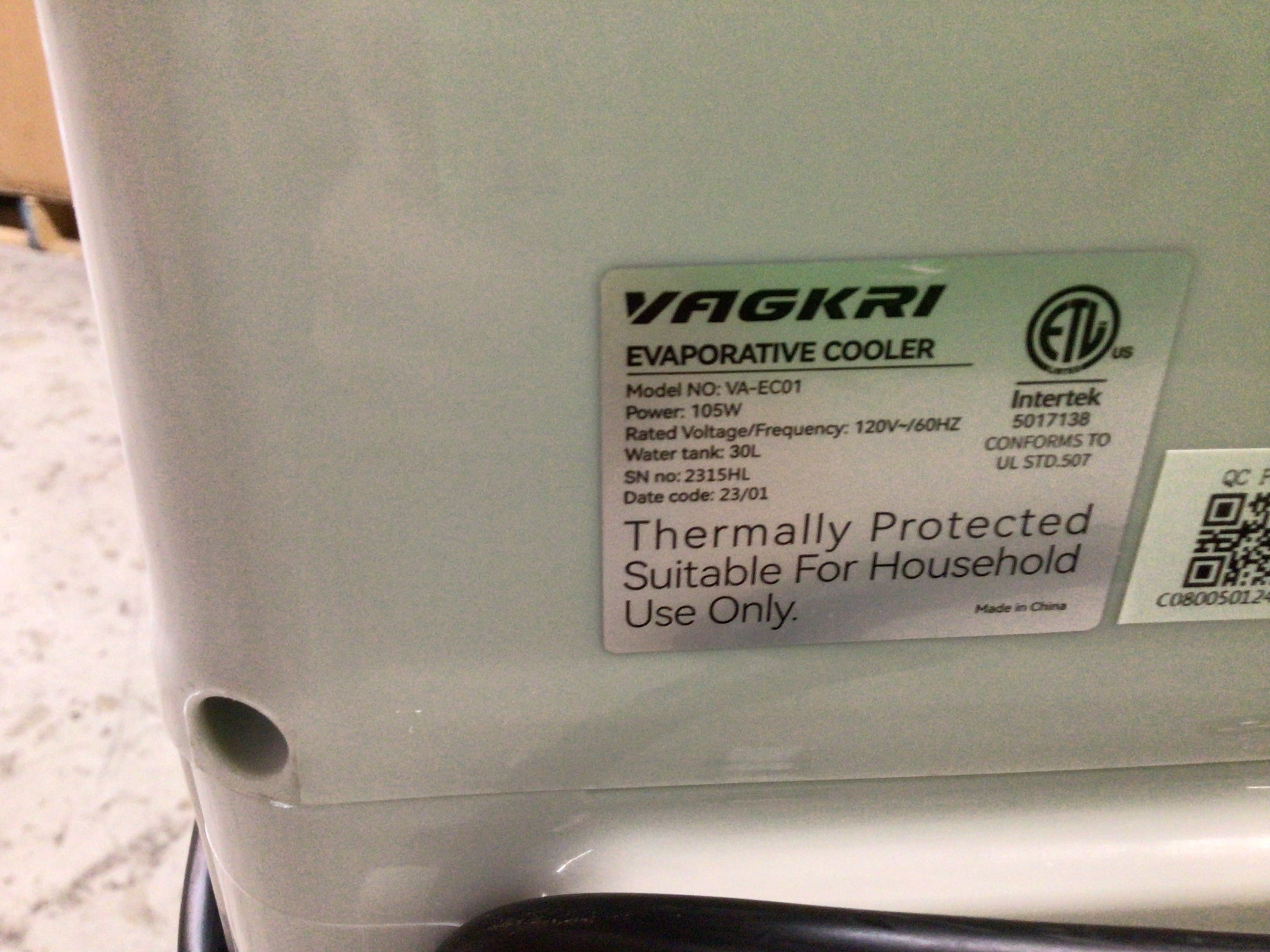 Vagkri VA-EC01 Evaporative 2100CFM Air Cooler **MISSING 1 ICE PACK - READ** (8150376710382)