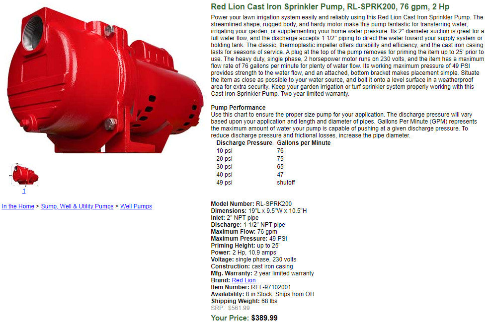 Red Lion Cast Iron Sprinkler Pump, RL-SPRK200, 76 gpm, 2 Hp (6820225548471)