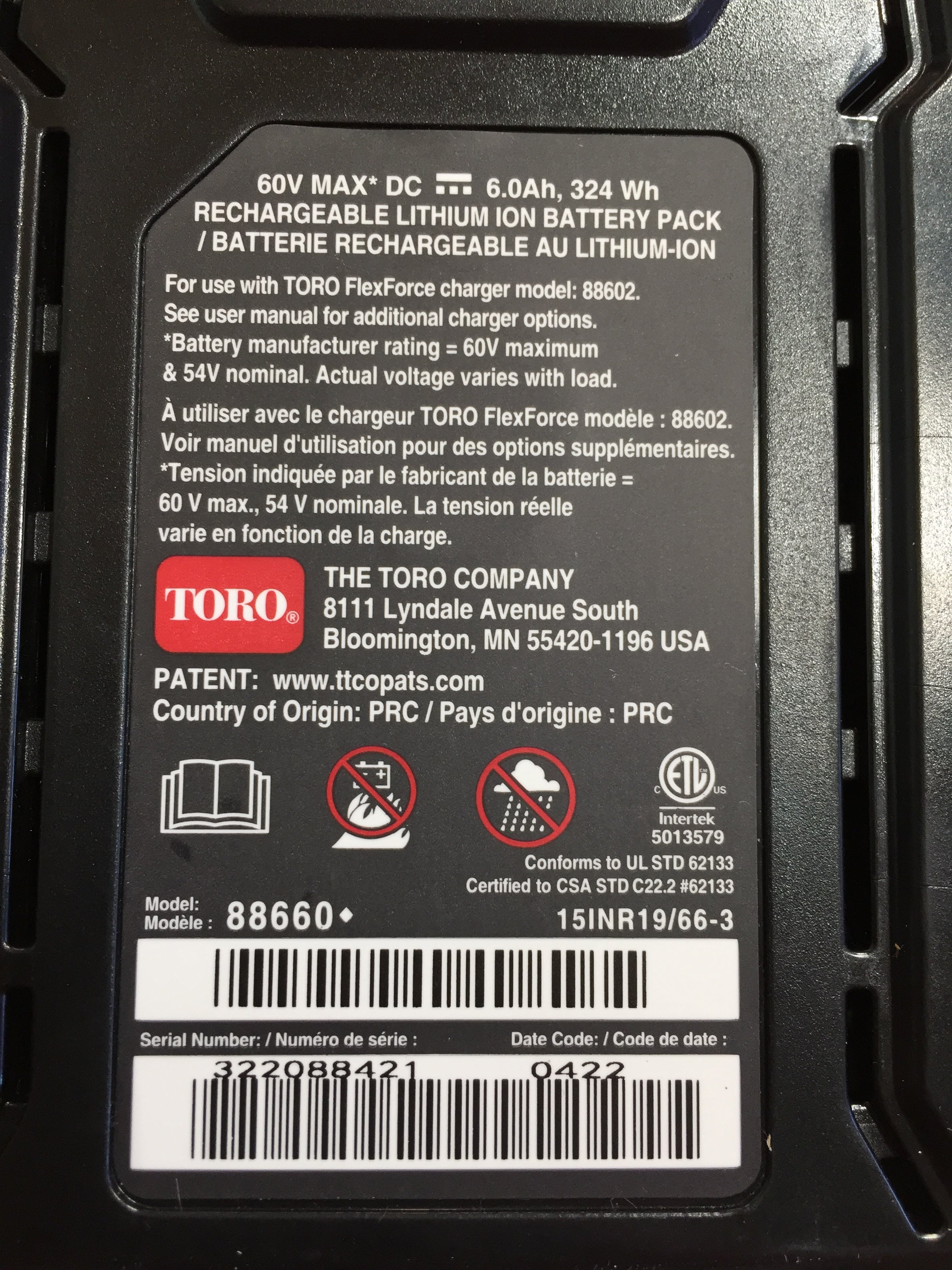 TORO Flex-Force 60-Volt Max 6.0 Ah Lithium-Ion L324 Battery *OPEN BOX* (7945758605550)