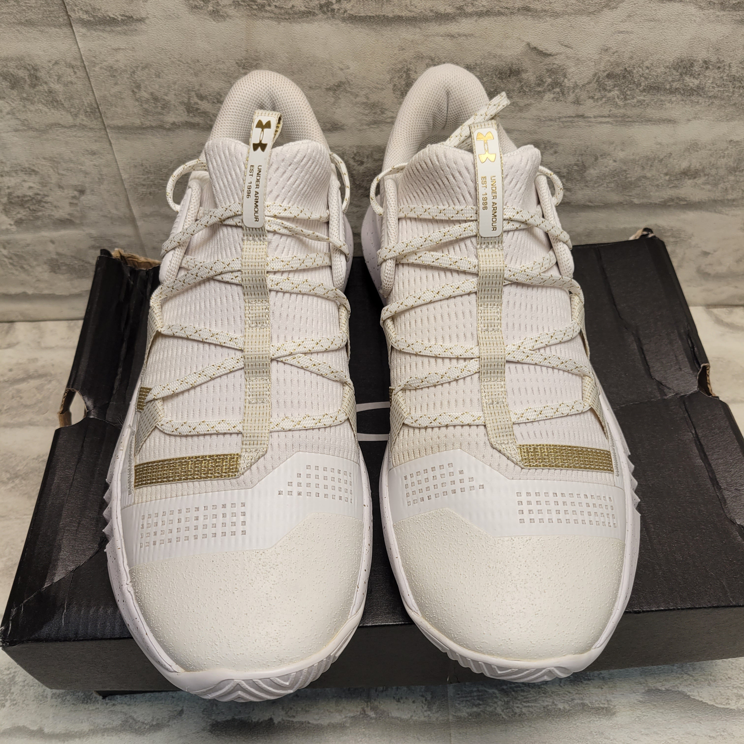 Under Armour Women's Block City 2.0 Volleyball Shoe (9, White/Metallic Gold) (7911613333742)