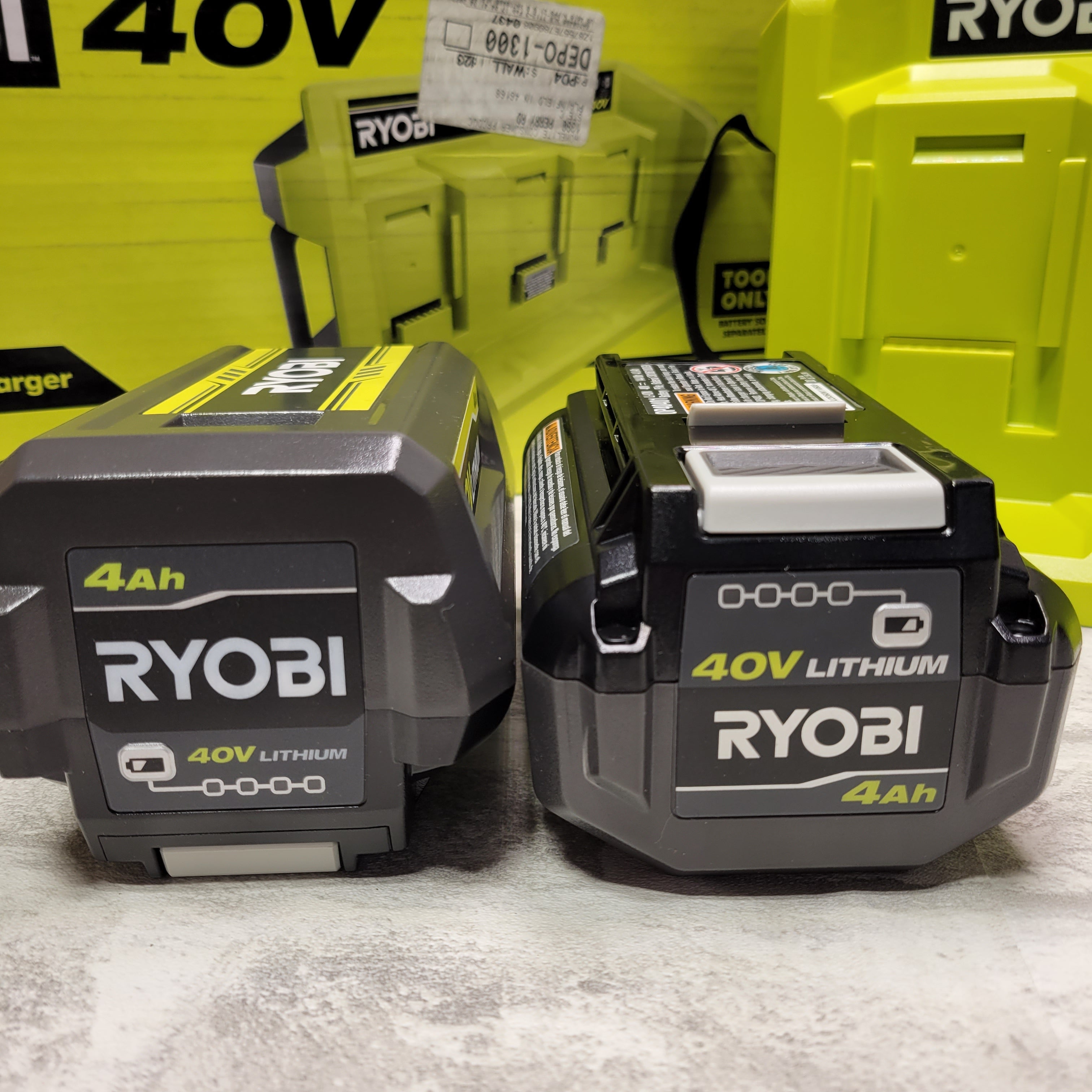 RYOBI - 40V Lithium-Ion 3-Port Charger & (2) 40V 4Ah Batteries (7588016161006)
