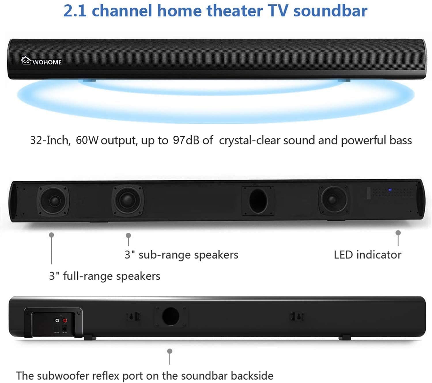 Wohome Sound Bar S05 for TVs, with Bluetooth 5.0, Optical, AUX, RCA and USB Connections, 4EQs, Deep Bass, Remote Control, 60W 32-Inch Home Theater Soundbar Speaker (32-INCH) (6808450990263)