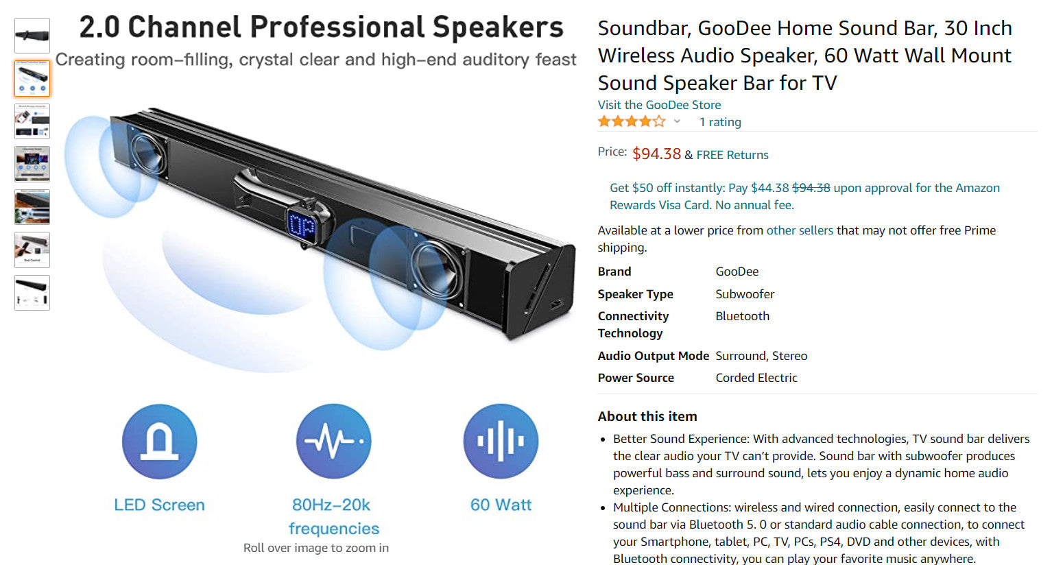 Soundbar, GooDee Home Sound Bar, 30 Inch Wireless Audio Speaker, 60 Watt Wall Mount Sound Speaker Bar for TV (6808450891959)