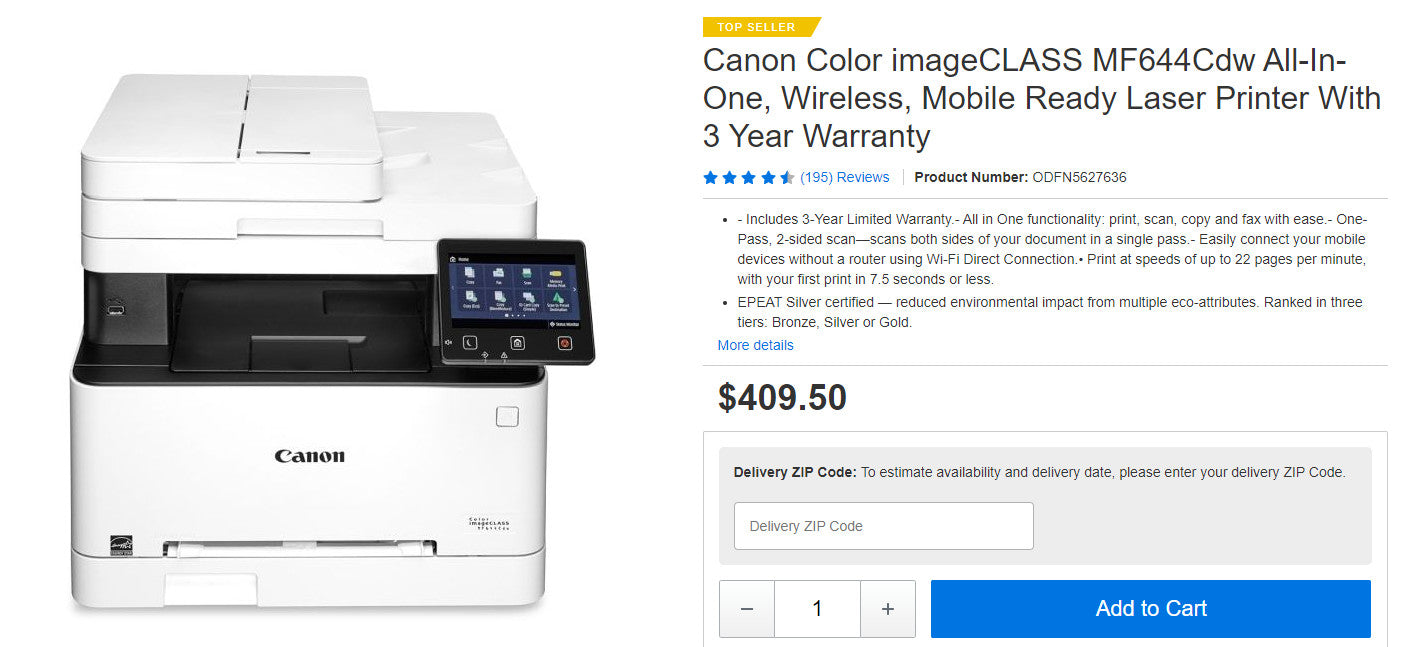 Canon Color imageCLASS MF644Cdw All-In-One, Wireless, Mobile Ready Laser Printer (6813369204919)