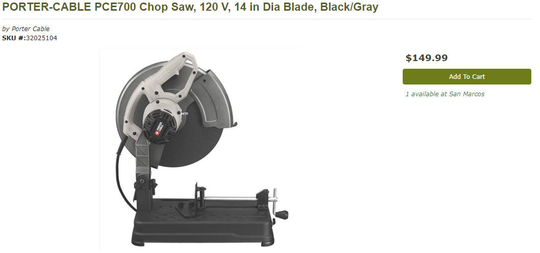 PORTER-CABLE PCE700 Chop Saw, 120 V, 14 in Dia Blade, Black/Gray (6817007861943)